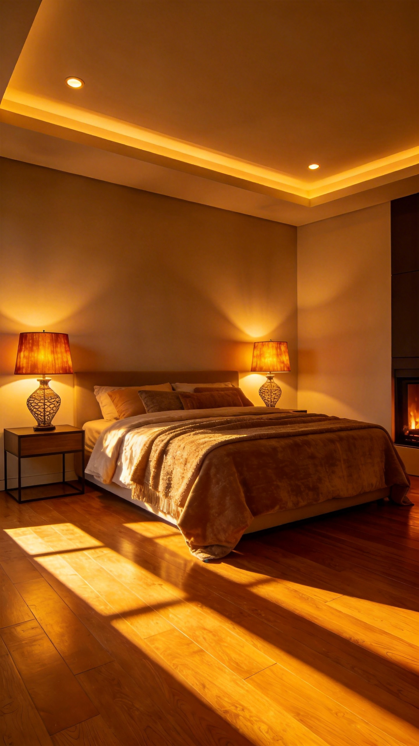A modern bedroom interior featuring warm 2700K golden lighting and cozy textures to create a relaxing sanctuary.