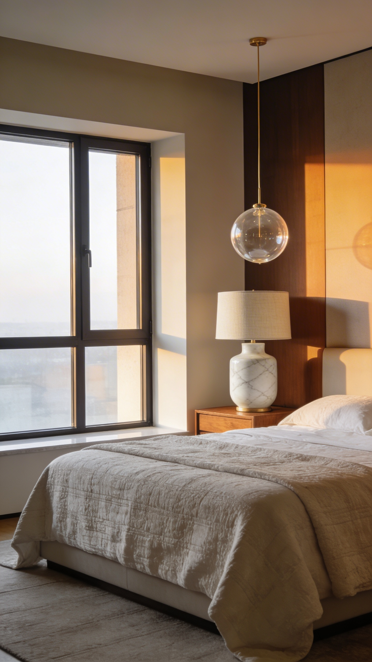 An asymmetrical bedroom lighting design featuring a solid marble table lamp balanced by a floating glass pendant light.