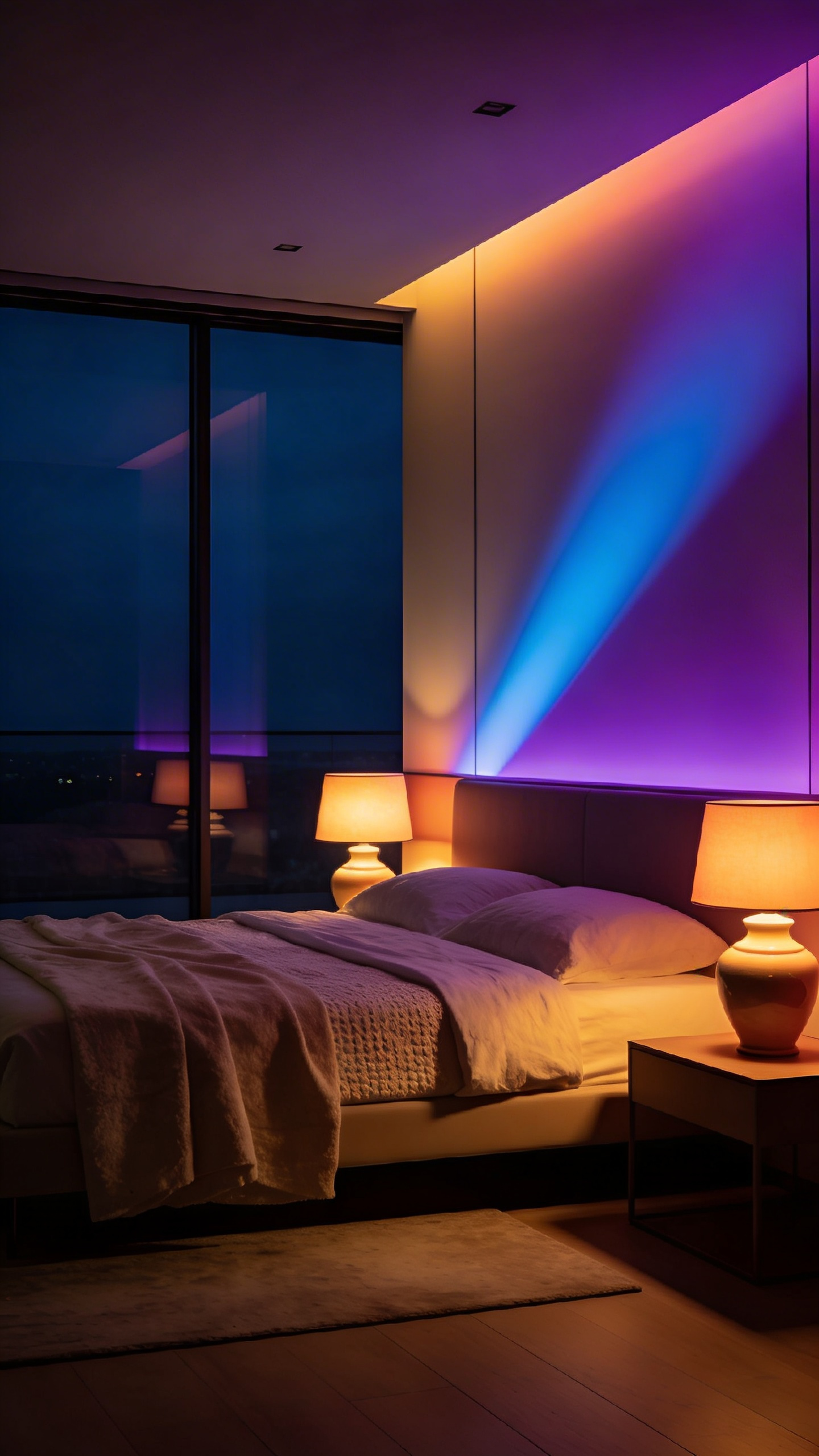 A wide shot of a modern bedroom utilizing various light spectrums through warm lamps and cool accent lighting for circadian health.