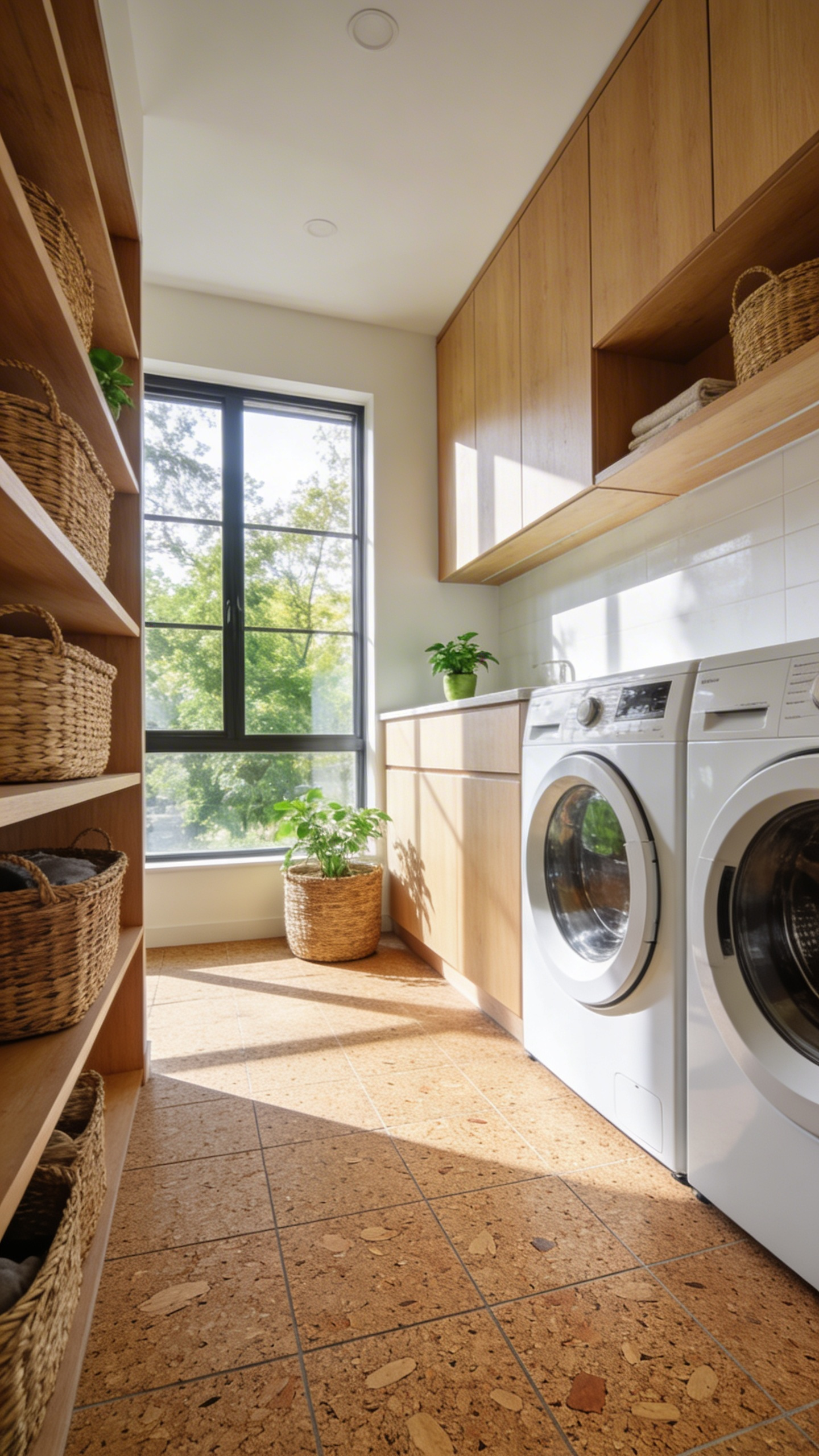 A bright modern laundry room showing natural cork flooring and white cabinets with sunlight streaming through a window to illustrate mold-resistant design.