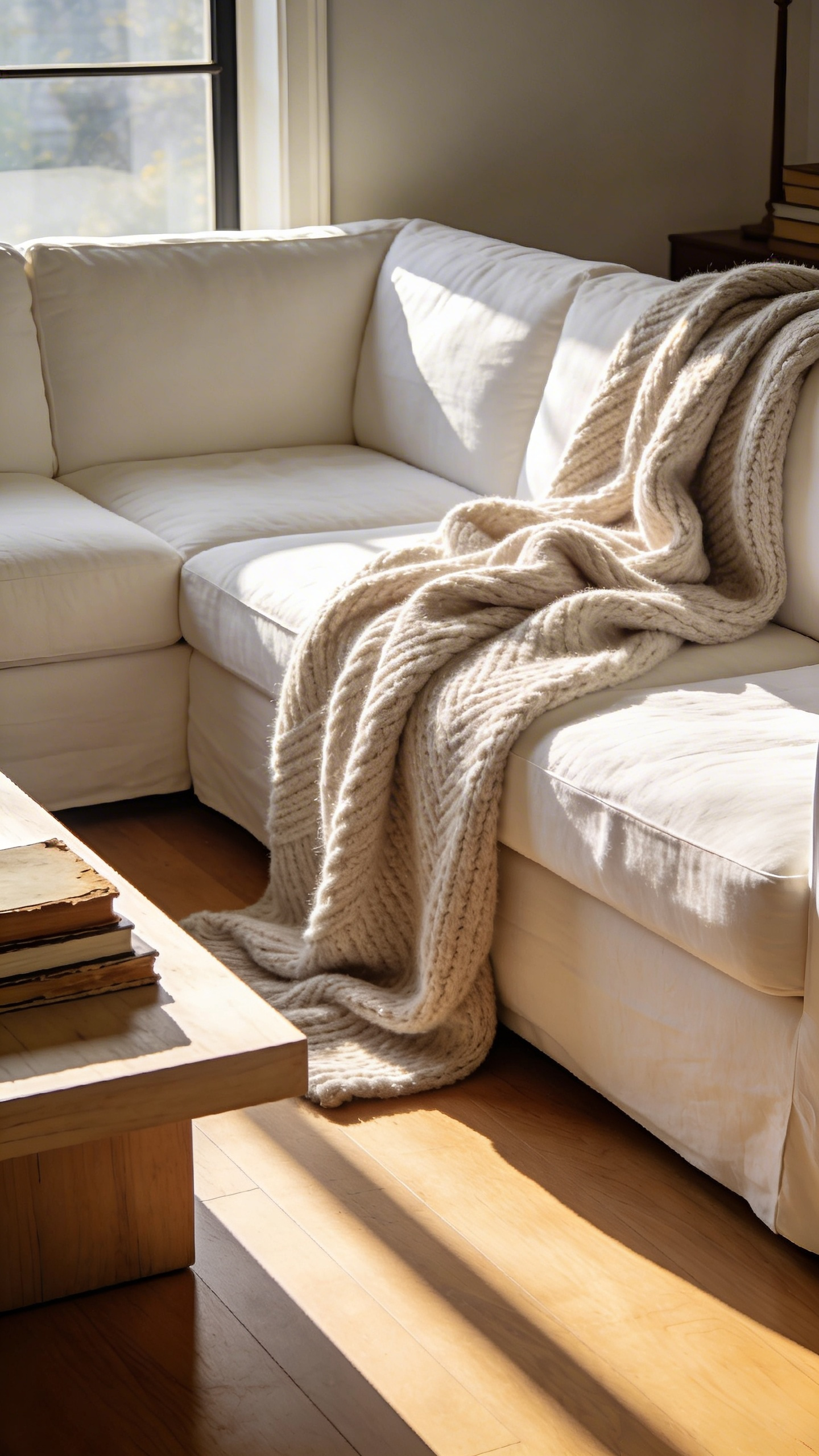 A full scene photograph of an elegant living room featuring an ivory linen sofa with a thick, oatmeal-colored cashmere throw casually draped over the arm, emphasizing relaxed, invitational styling.