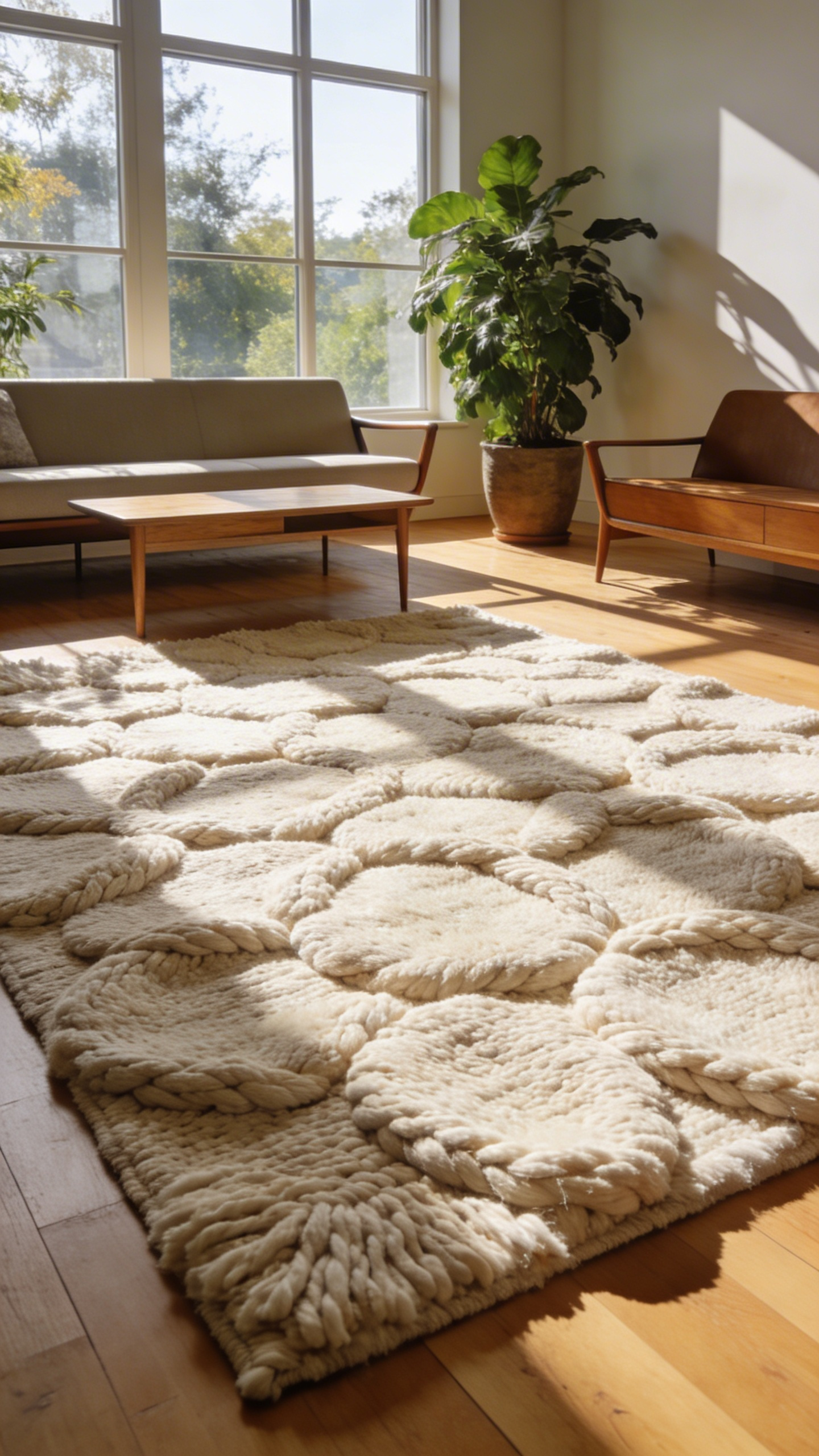 A modern living room featuring a large chunky wool loop rug with thick cream textures and minimalist furniture.