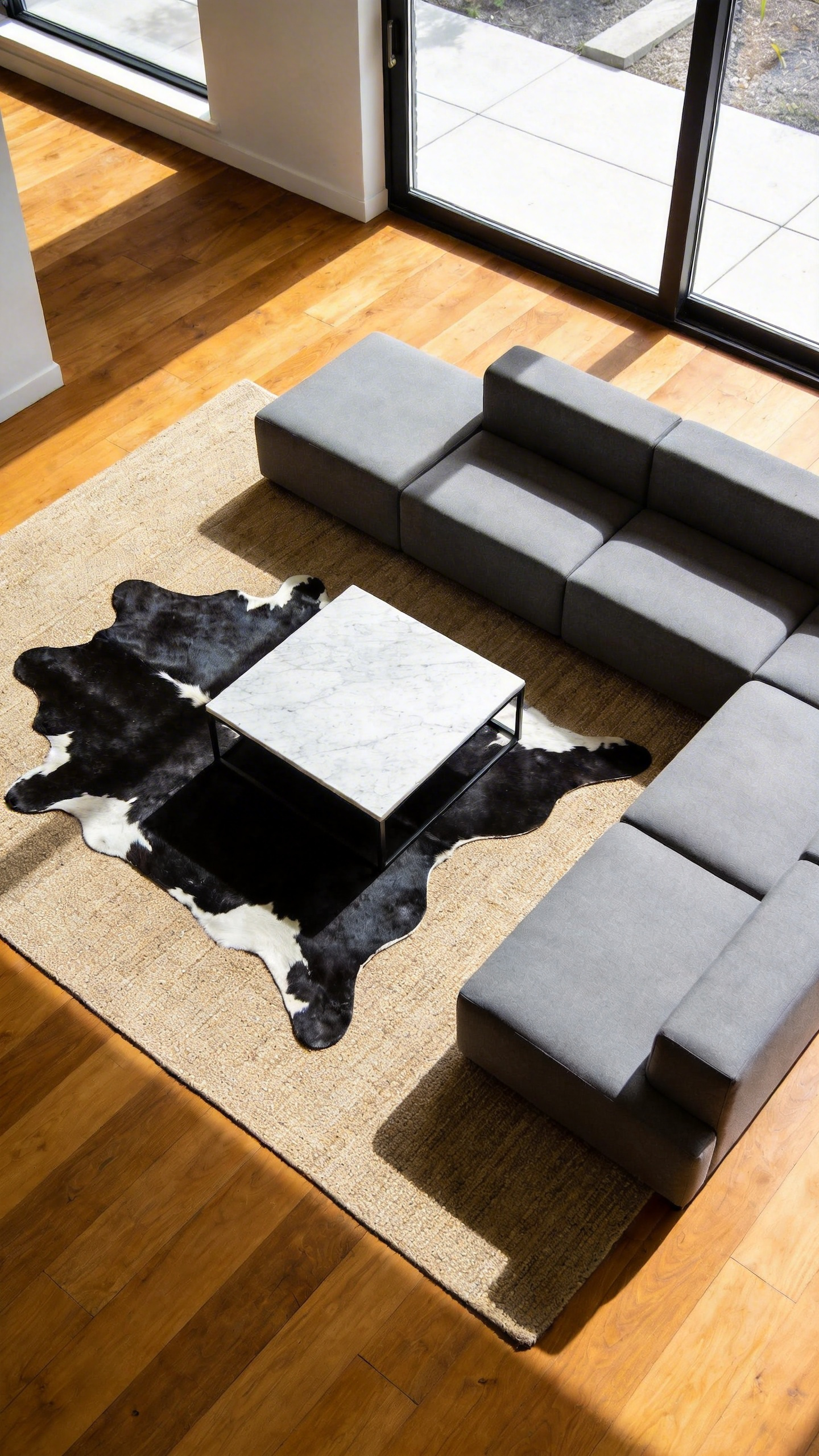 A modern living room design showing a natural cowhide rug layered over a larger rectangular rug to add organic shapes to a room with boxy furniture.