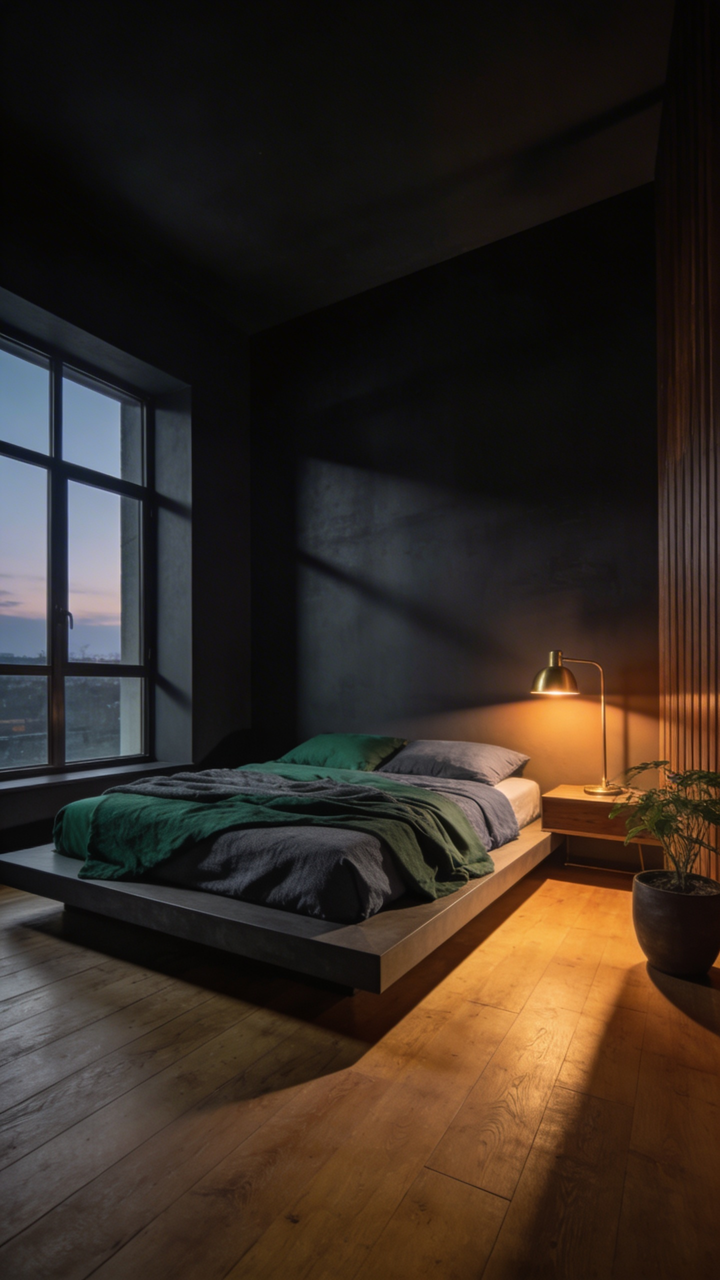 A small bedroom featuring deep charcoal matte walls and forest green bedding illuminated by warm bedside lighting to demonstrate how dark colors create depth.