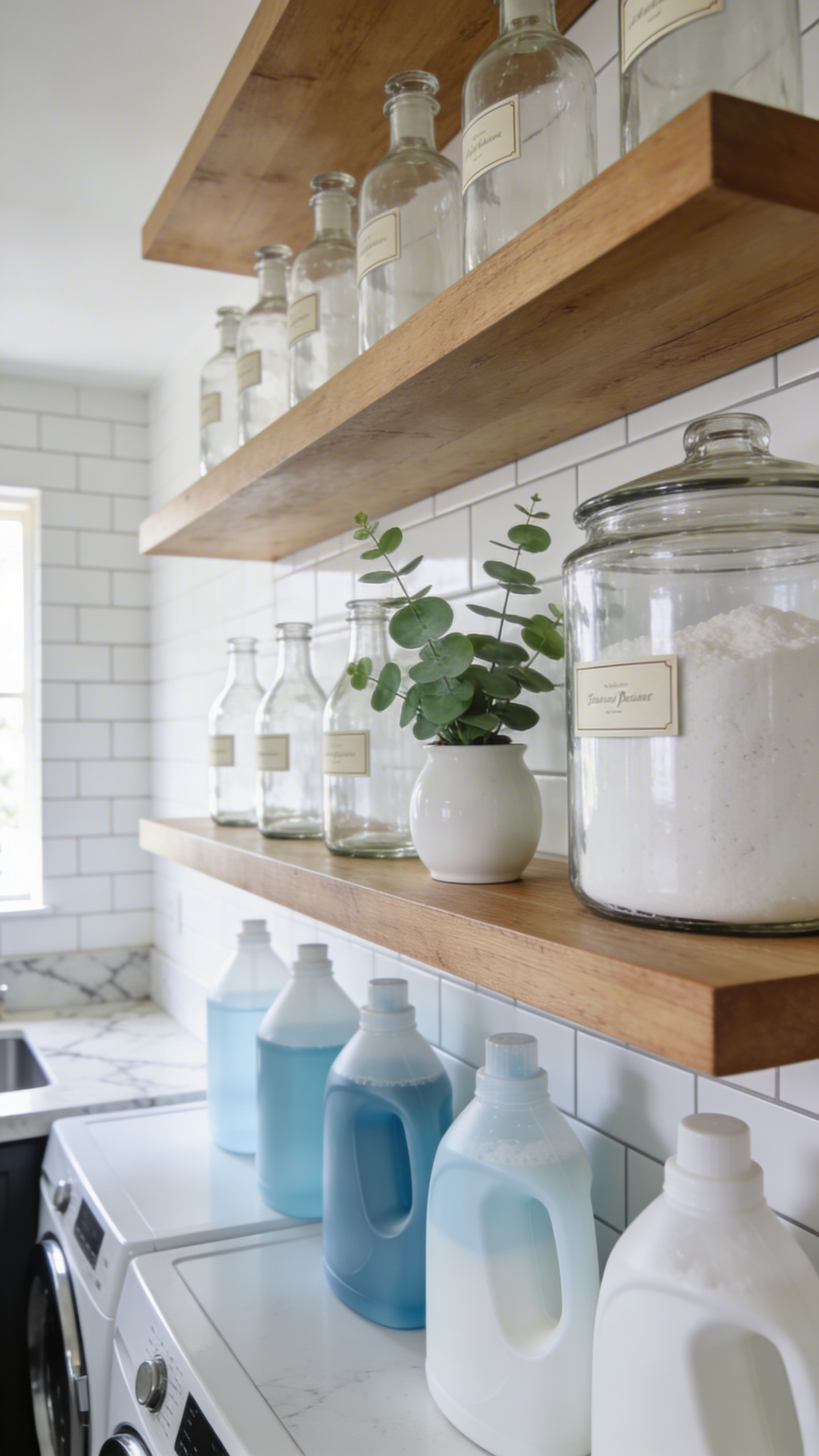 A well-organized laundry room shelf featuring clear glass jars and bottles filled with laundry products to minimize visual clutter and create a serene environment.