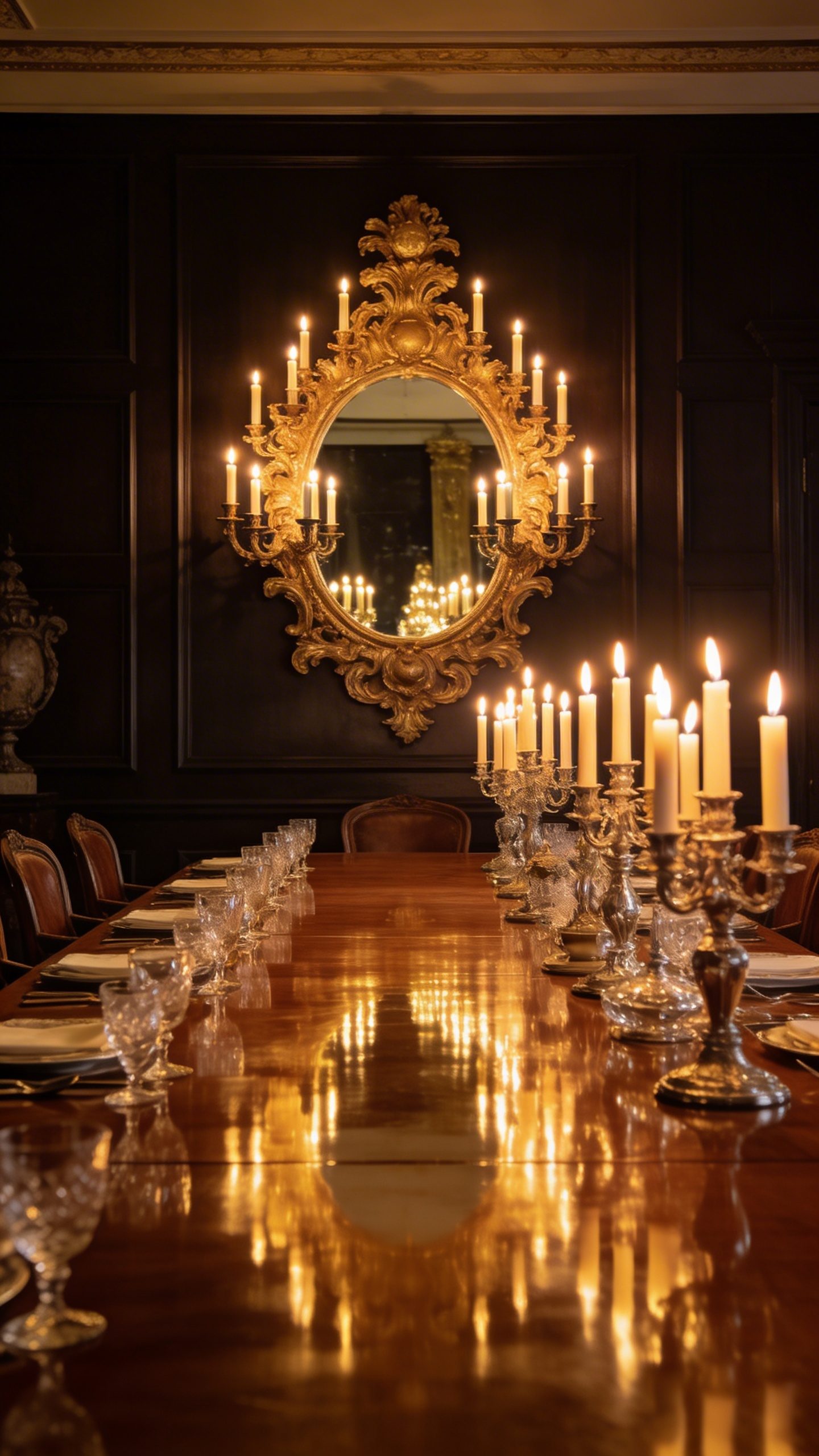 A luxurious dining room scene featuring a large gold ornate mirror with lit candles that amplify the warm light throughout the room.