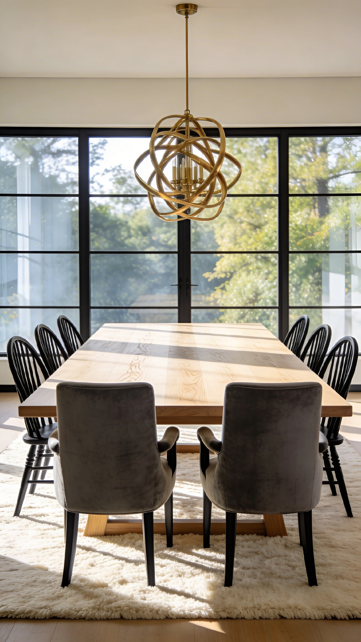 A bright dining room showing a long wooden table with two grey captain's chairs at the ends and black side chairs along the length.