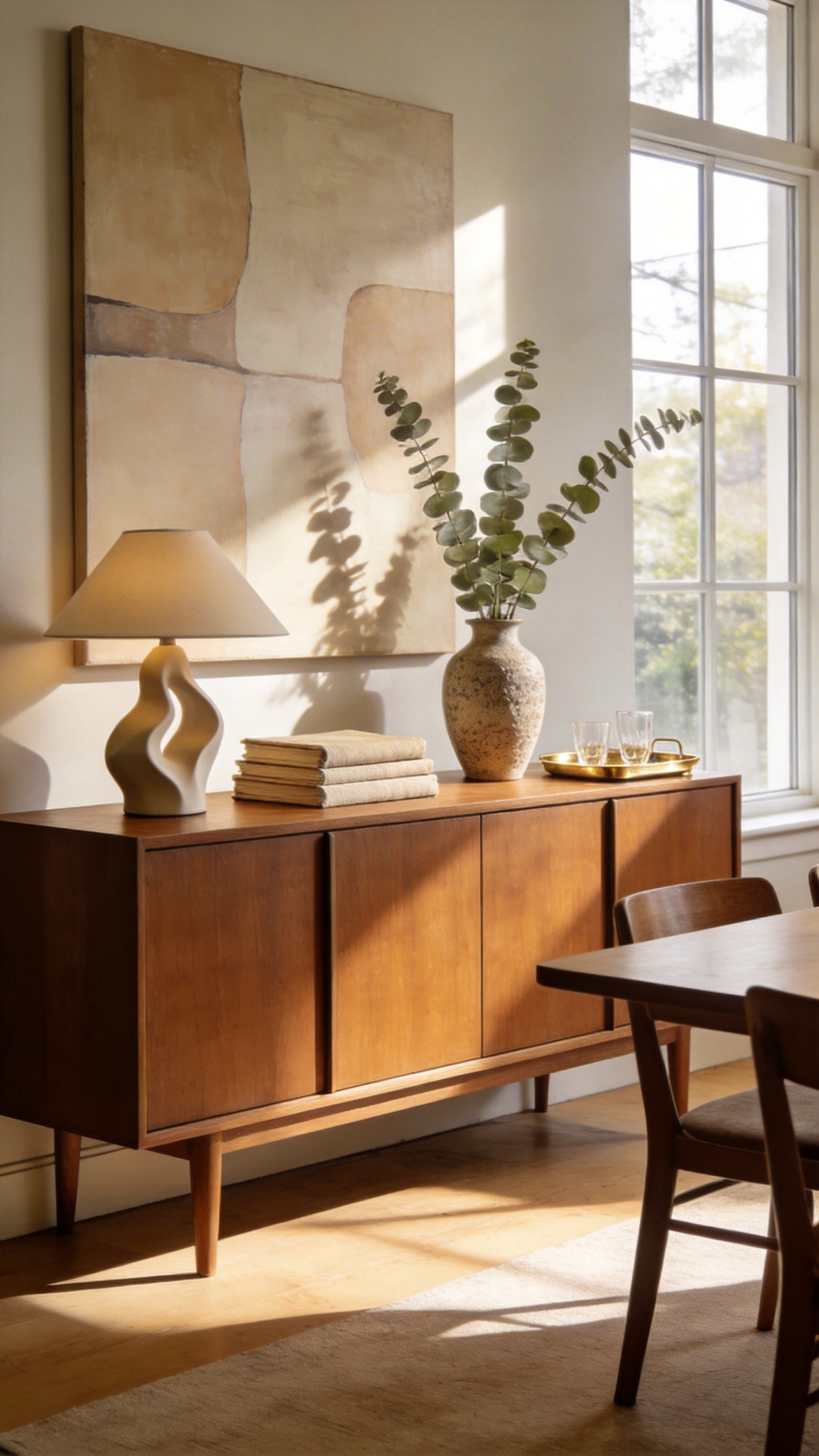 A modern wooden sideboard in a bright dining room featuring a curated display of greenery, a lamp, and art to balance storage and style.