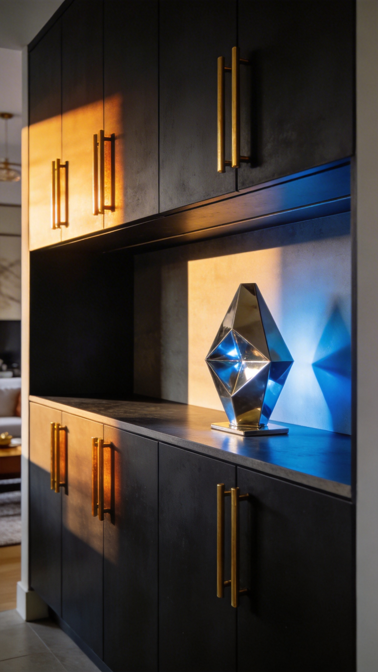 A stylish living room console featuring elongated aged brass handles reflecting the warm light of the golden hour, contrasted with the crisp highlights of a polished nickel accent piece.