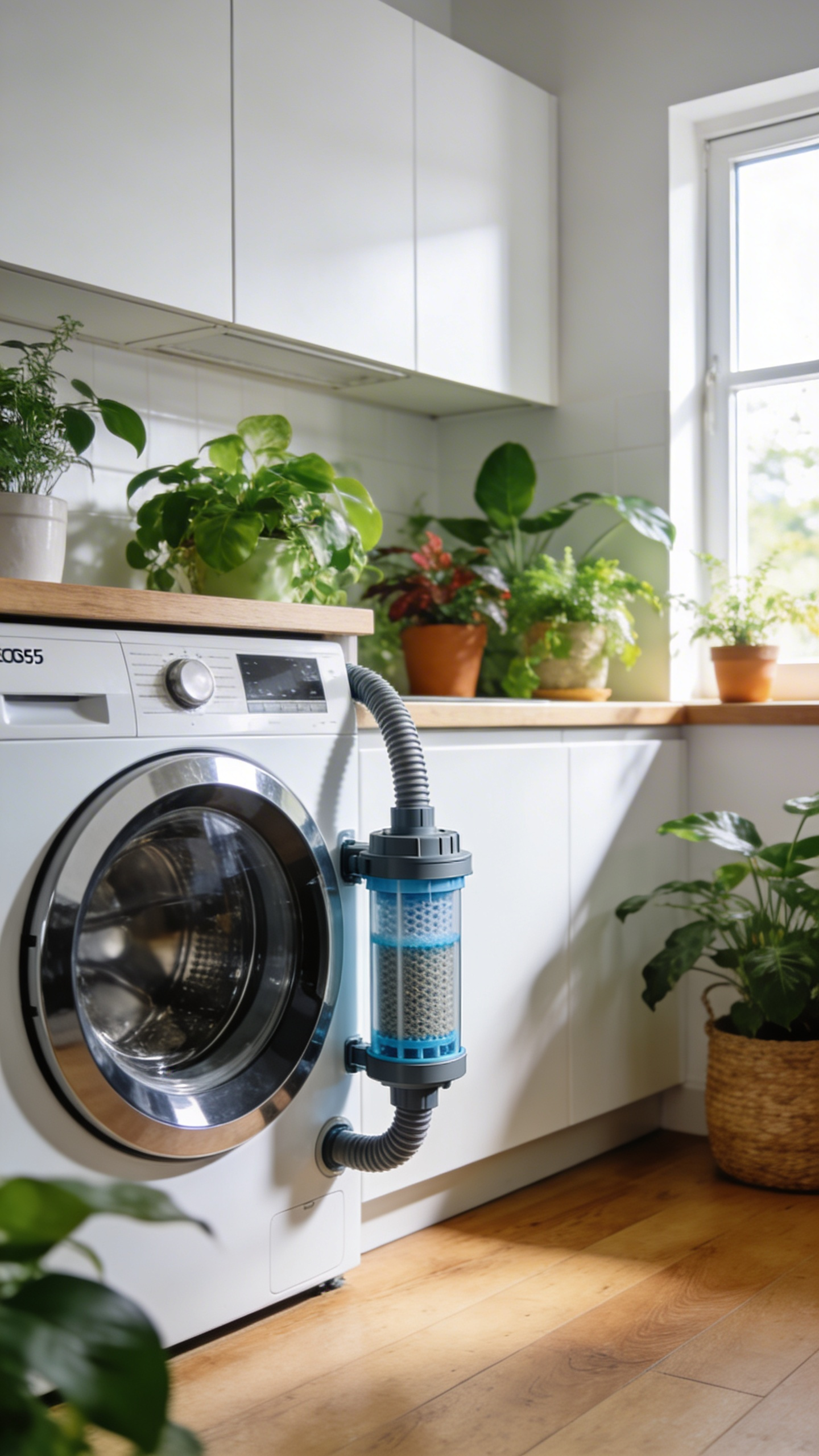 A modern eco-friendly laundry room with a white washing machine and an integrated microplastic filtration system on the wall, featuring wooden countertops and green plants.