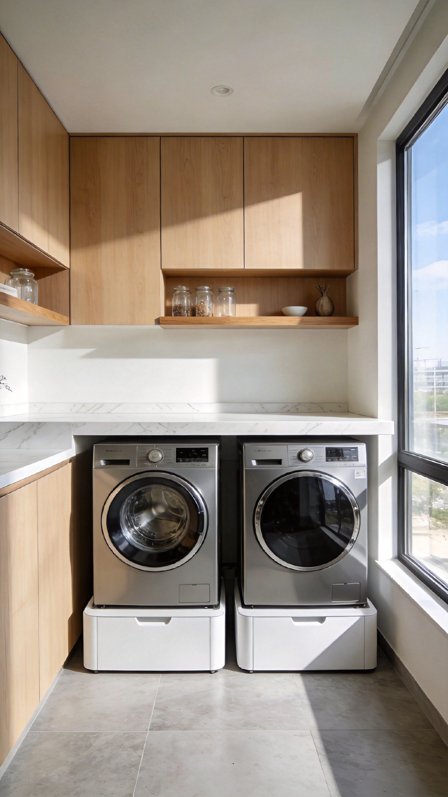 Modern laundry room design featuring a washer and dryer elevated on pedestals for better ergonomics and reduced back strain.