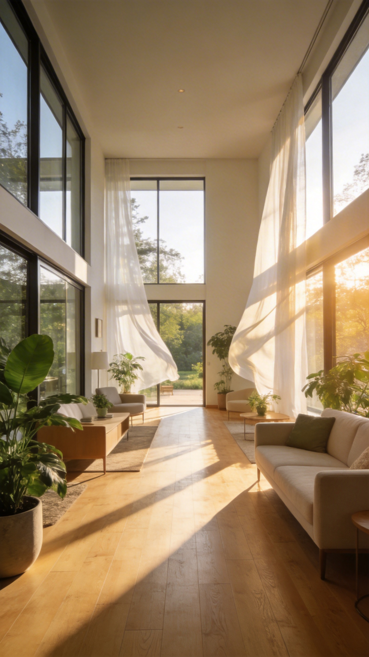 A bright modern living room featuring a flow-through layout with large open windows on opposite sides to promote natural cross-ventilation and movement.