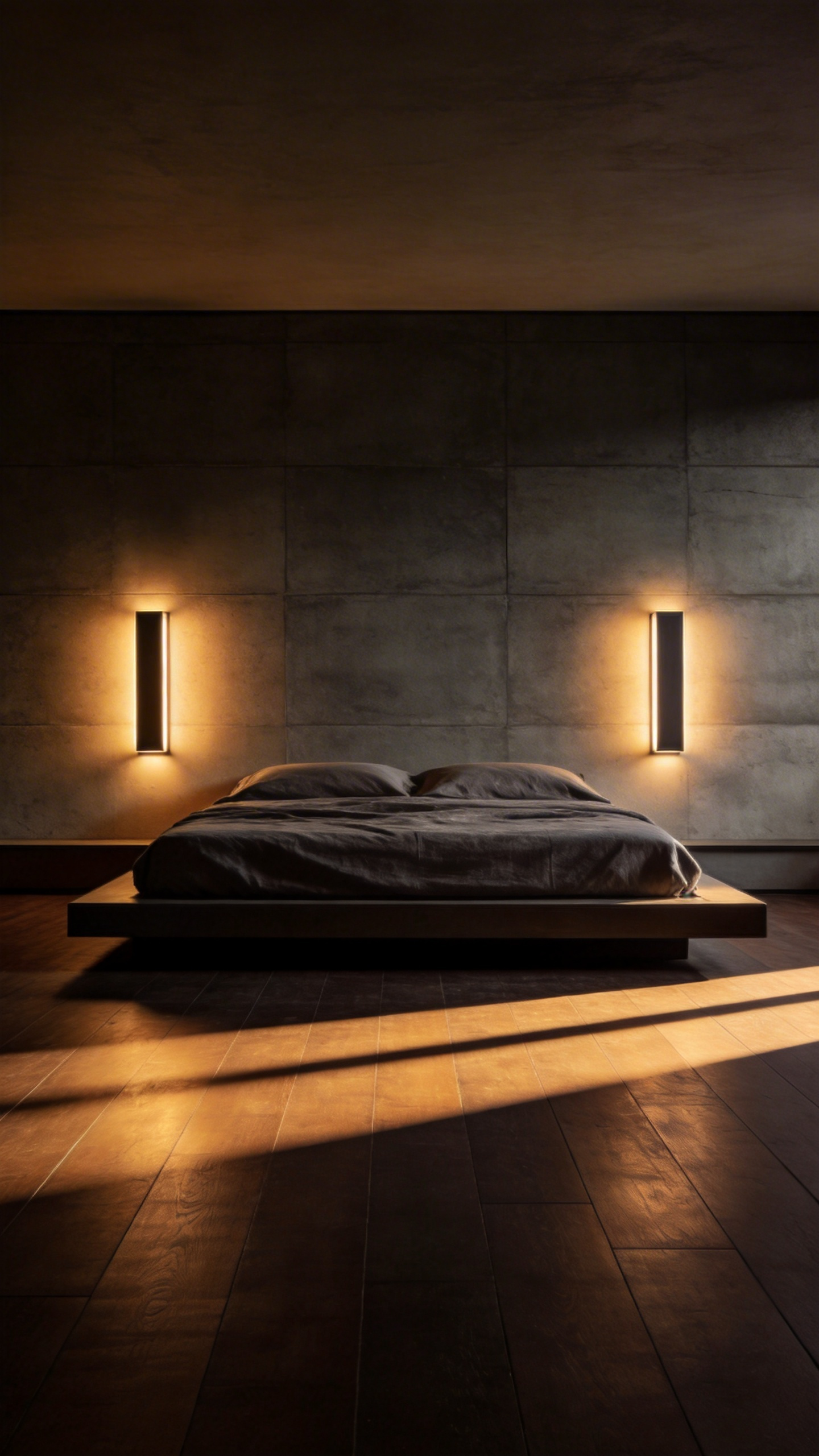 A modern minimalist bedroom featuring low-set wall sconces that cast a warm glow across a dark wood floor for a grounded lighting effect.