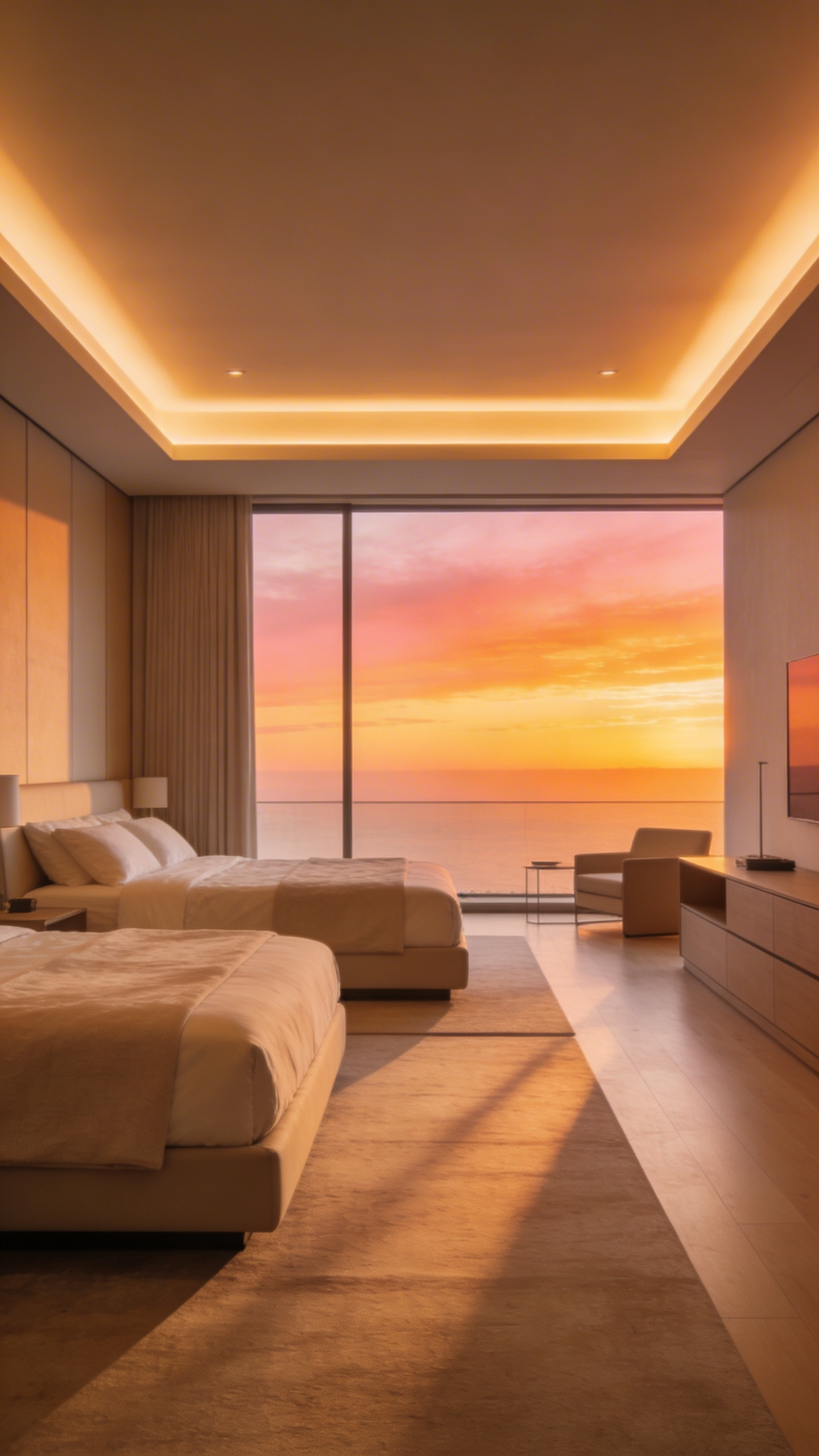 A modern bedroom featuring hidden cove lighting that creates a soft sunset-inspired glow across the ceiling.