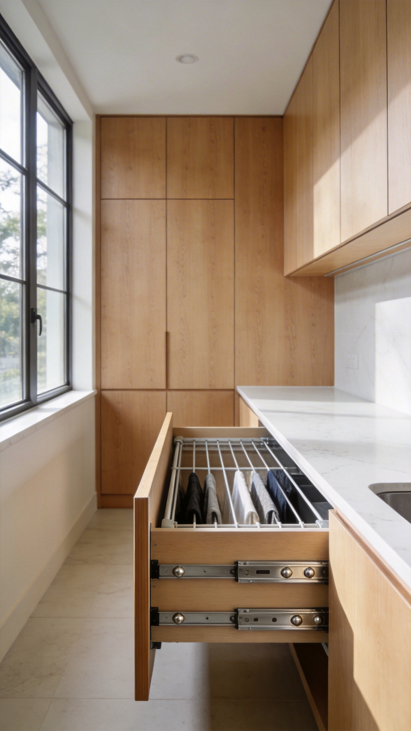 A bright, modern laundry room showcasing a retractable wooden drying rack integrated into custom minimalist cabinetry.