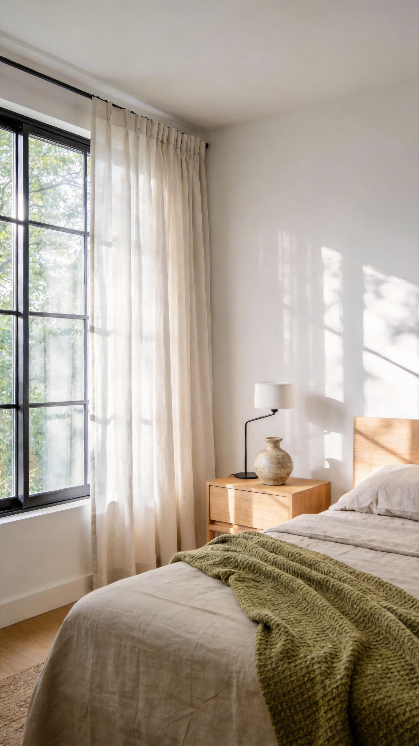 A small and peaceful bedroom featuring neutral decor and intentional minimalist accents to create a sense of visual silence.