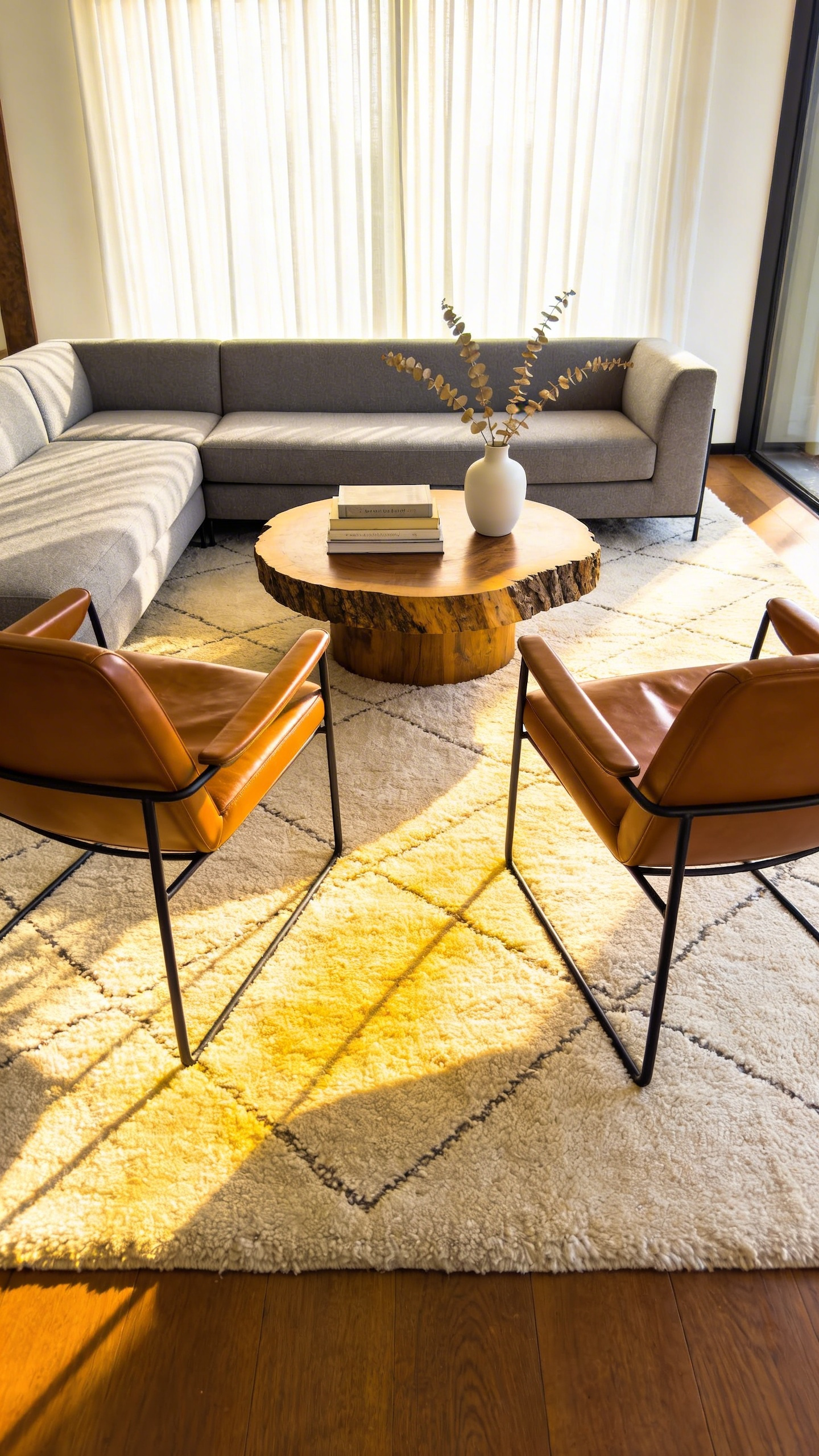A bright and airy living room layout with seating arranged in a close circle to facilitate easy conversation within an eight-foot radius.