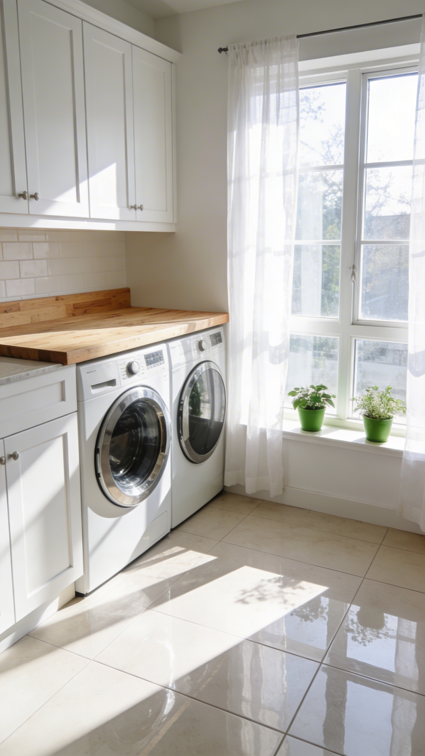 A bright laundry room with large windows, white sheer curtains, and natural sunlight illuminating white cabinets and wooden countertops.