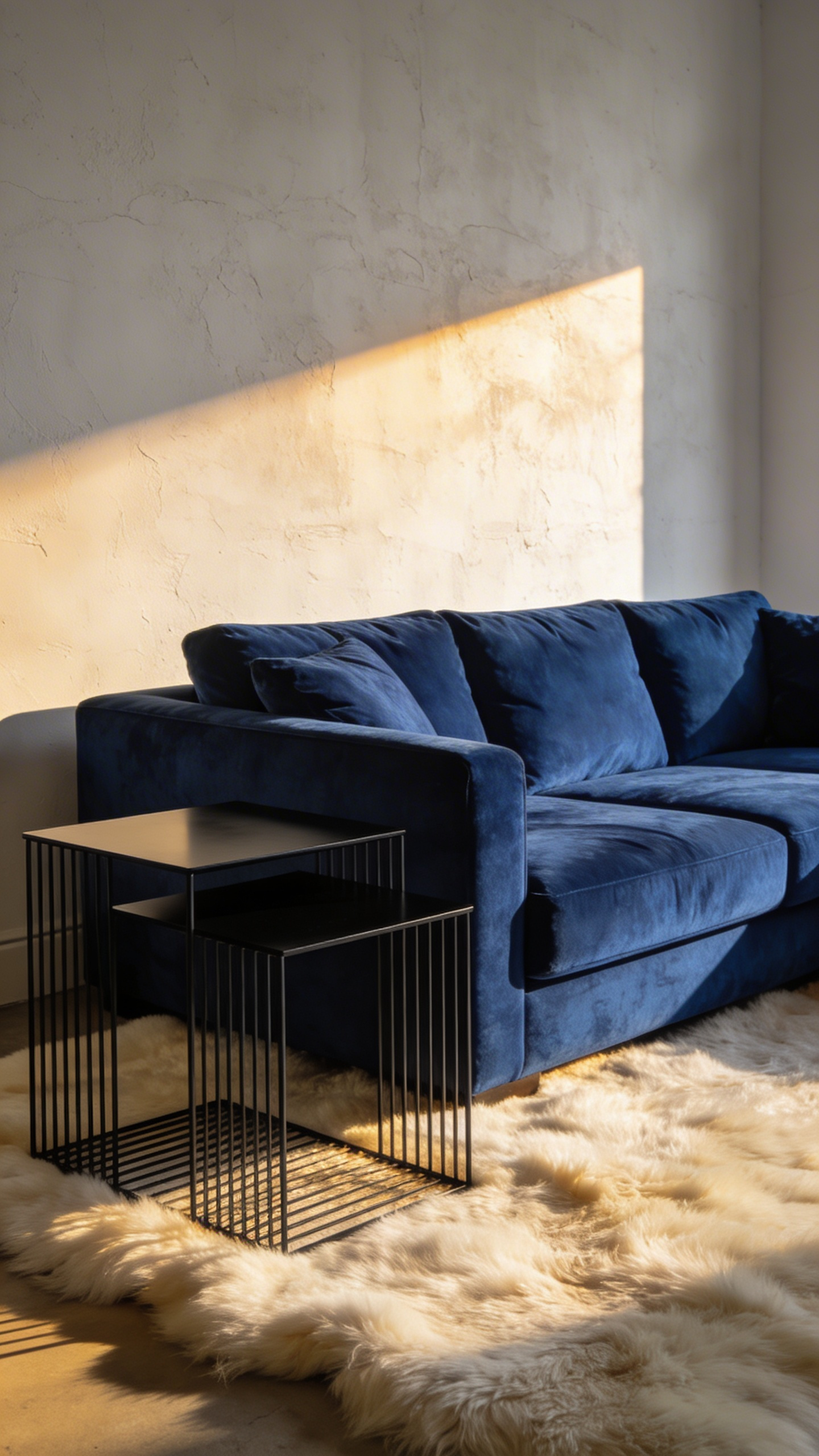 A stylish living room pairing a heavy sapphire velvet sofa with sleek black metal side tables, illustrating advanced textural layering and dynamic balance.