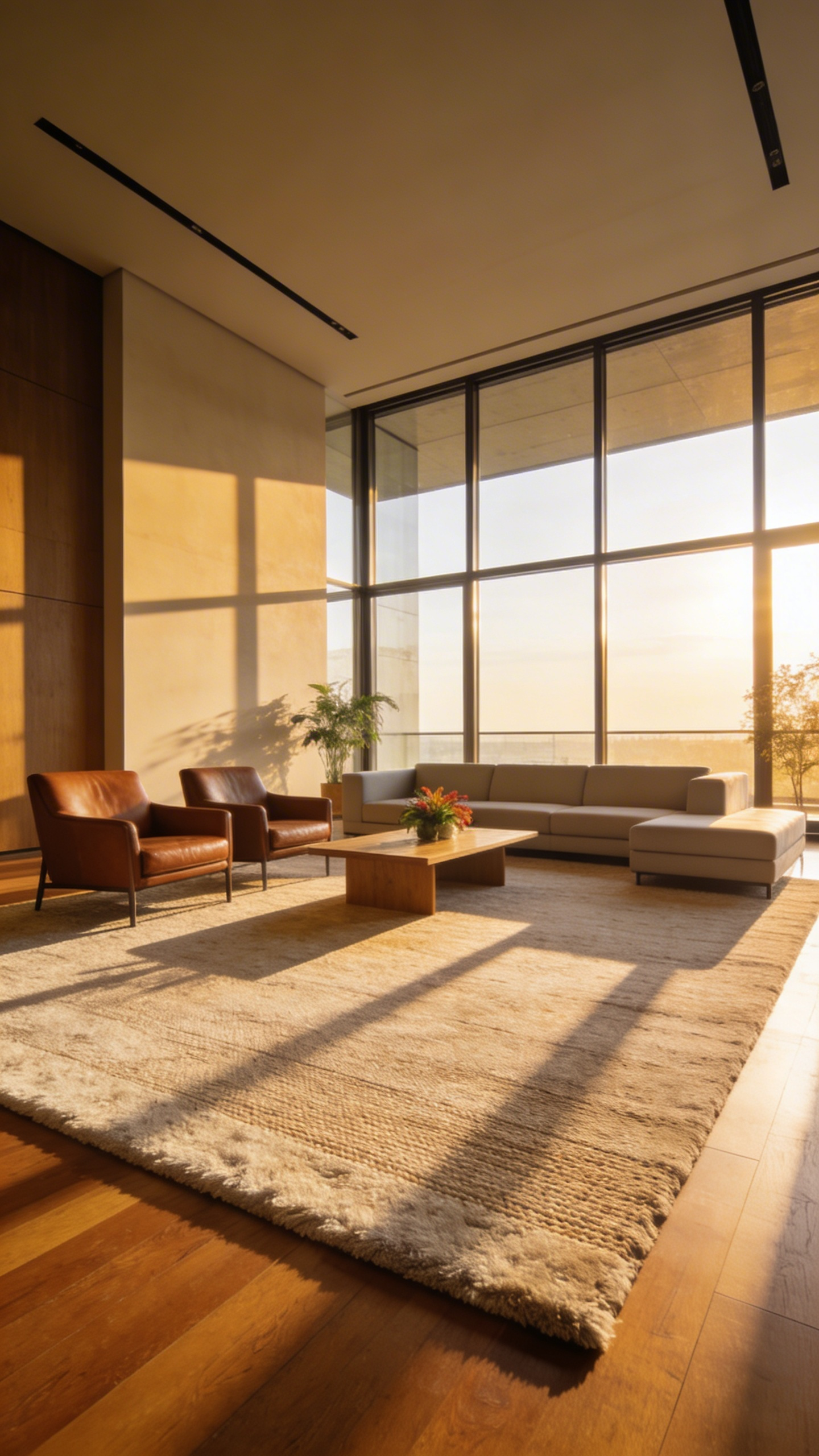A spacious and balanced living room layout featuring a large area rug that defines the seating area and anchors the furniture.