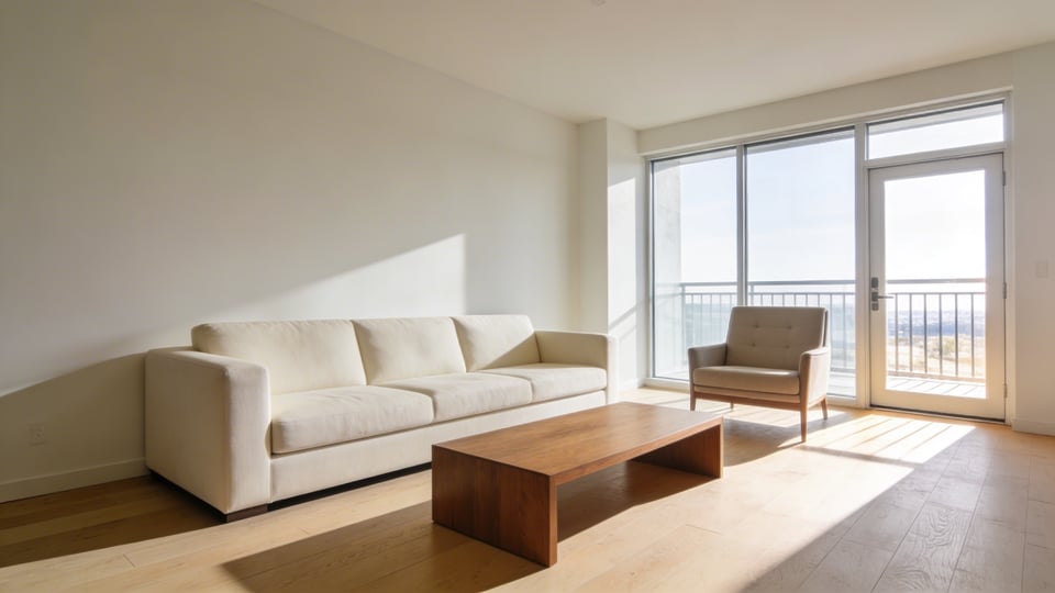 A bright and airy modern living room showing a spacious layout with a 36-inch wide walking path between the sofa and coffee table to illustrate the clearance rule.