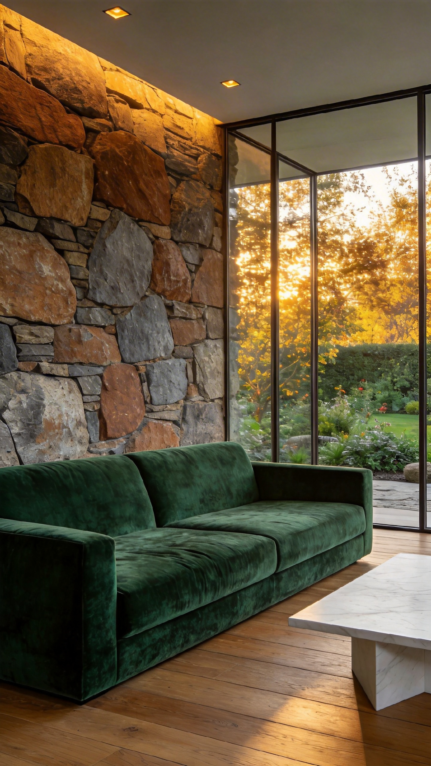 A high-end living room layout showing a sofa placed against a solid wall with a clear view of a garden through large windows.