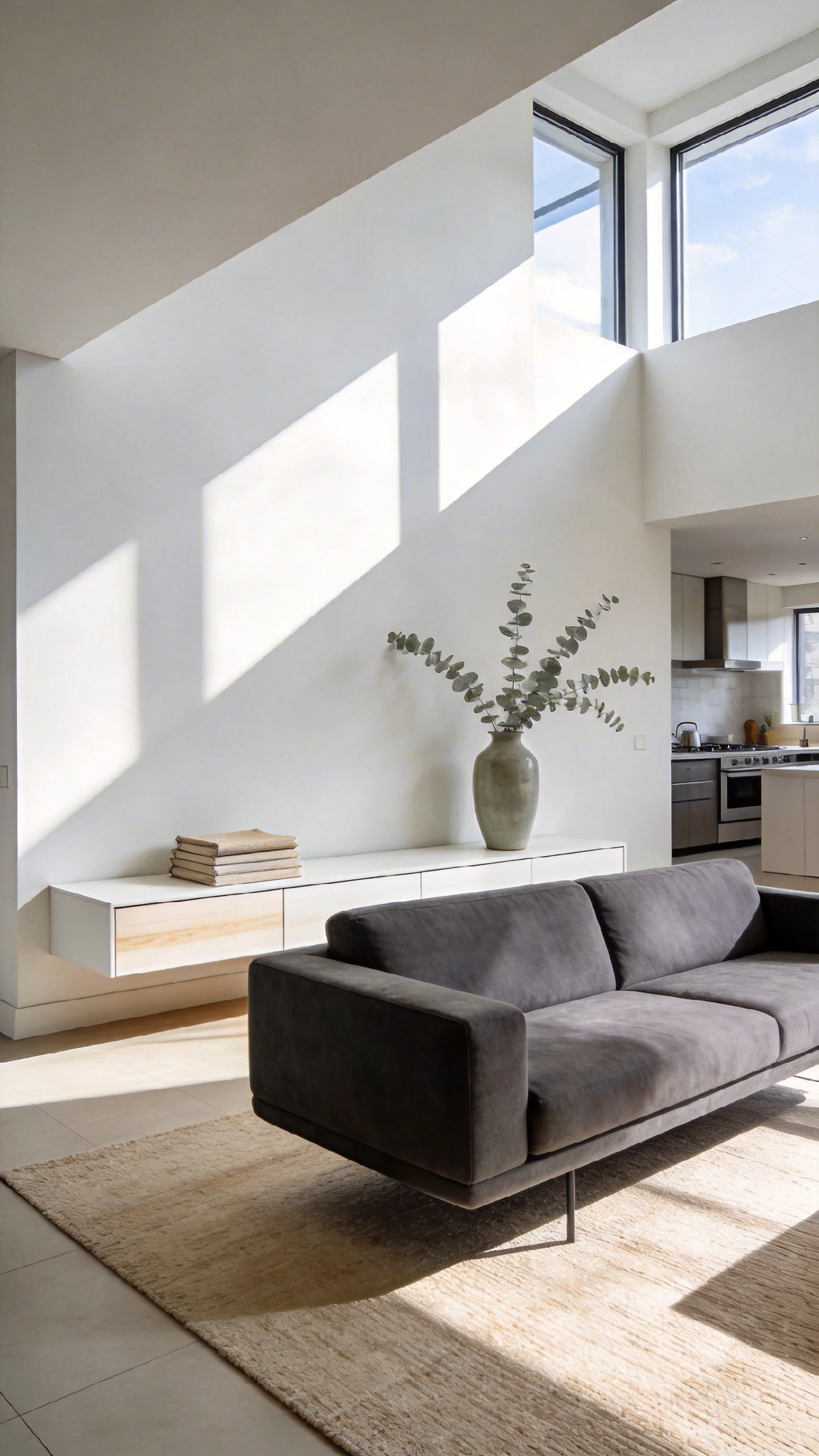 A modern open-concept living room layout featuring a light oak console table placed behind a floating gray sofa to create a visual boundary between living and dining areas.