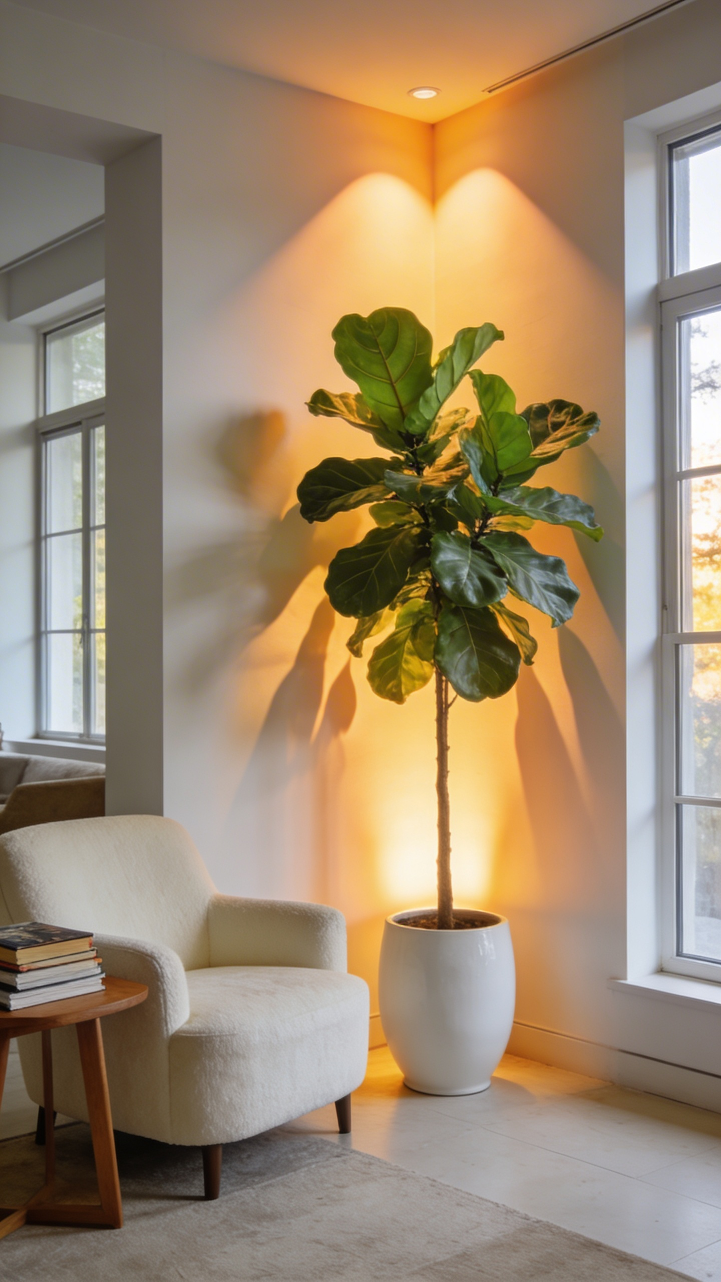 A bright and airy living room corner layout featuring a large indoor plant and warm uplighting to eliminate shadows.