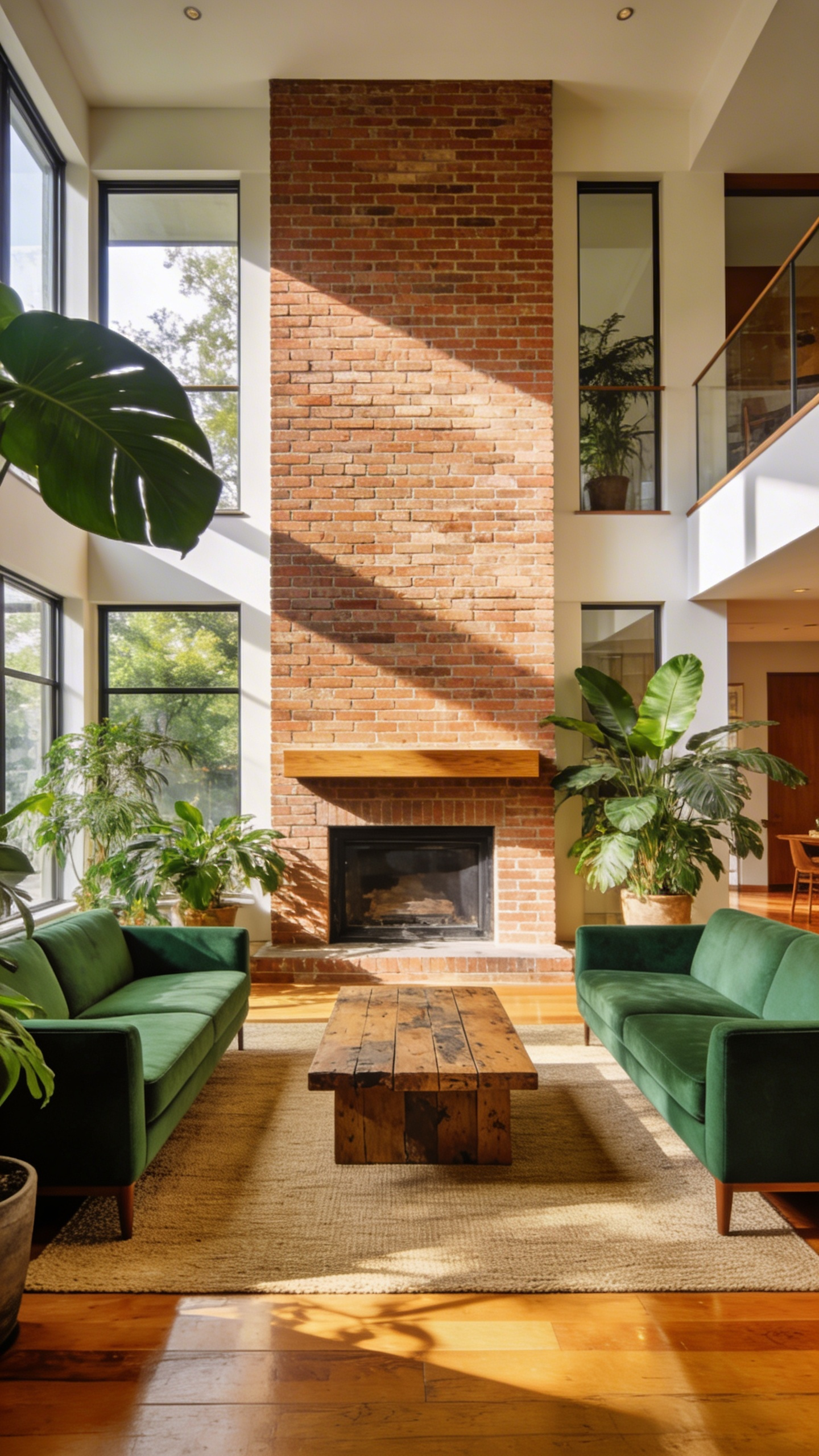 A vibrant living room layout showing two green sofas facing each other in front of a brick fireplace to promote conversation.