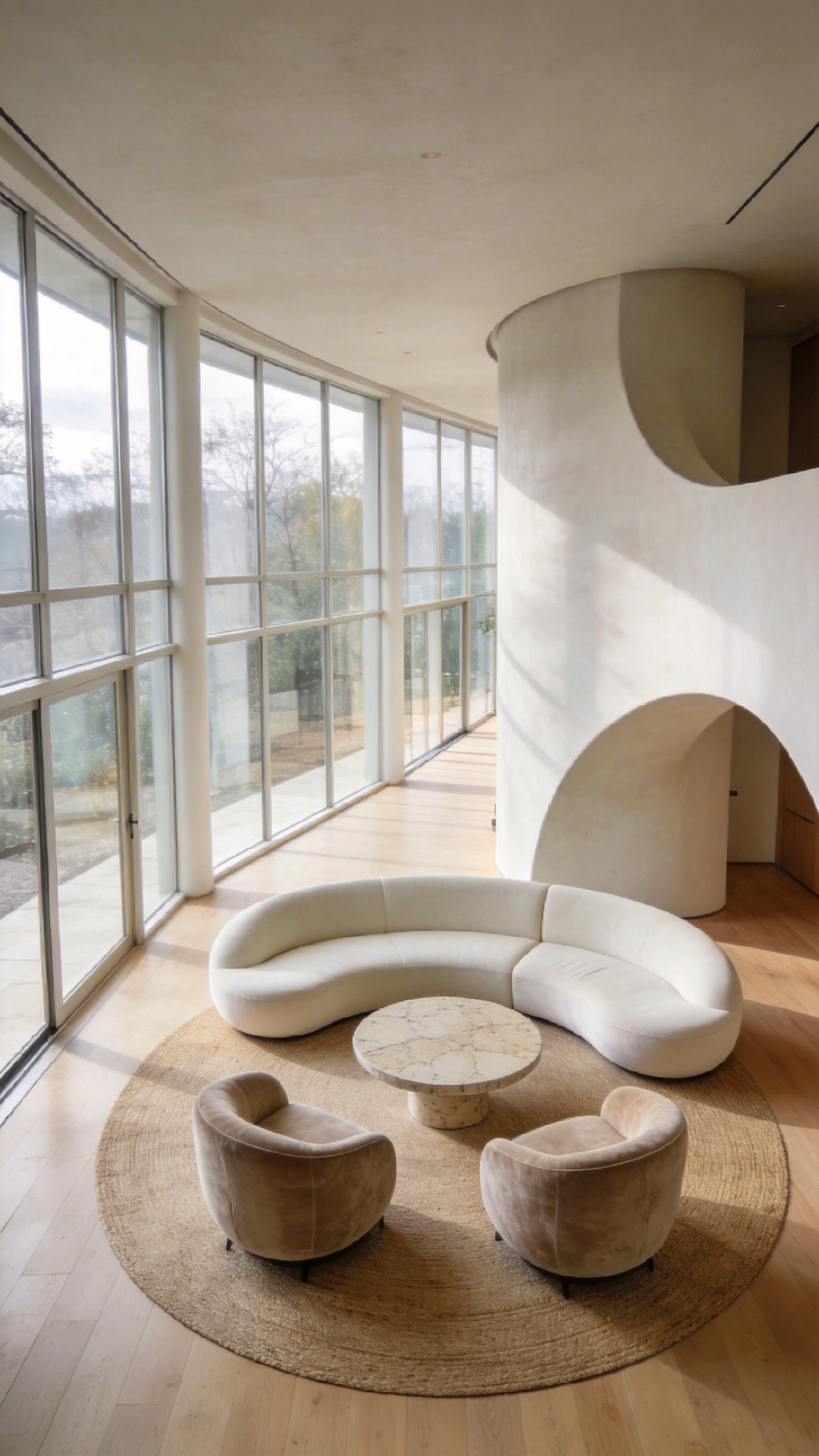 A modern living room layout featuring rounded furniture and organic shapes to create a calm atmosphere without sharp edges.