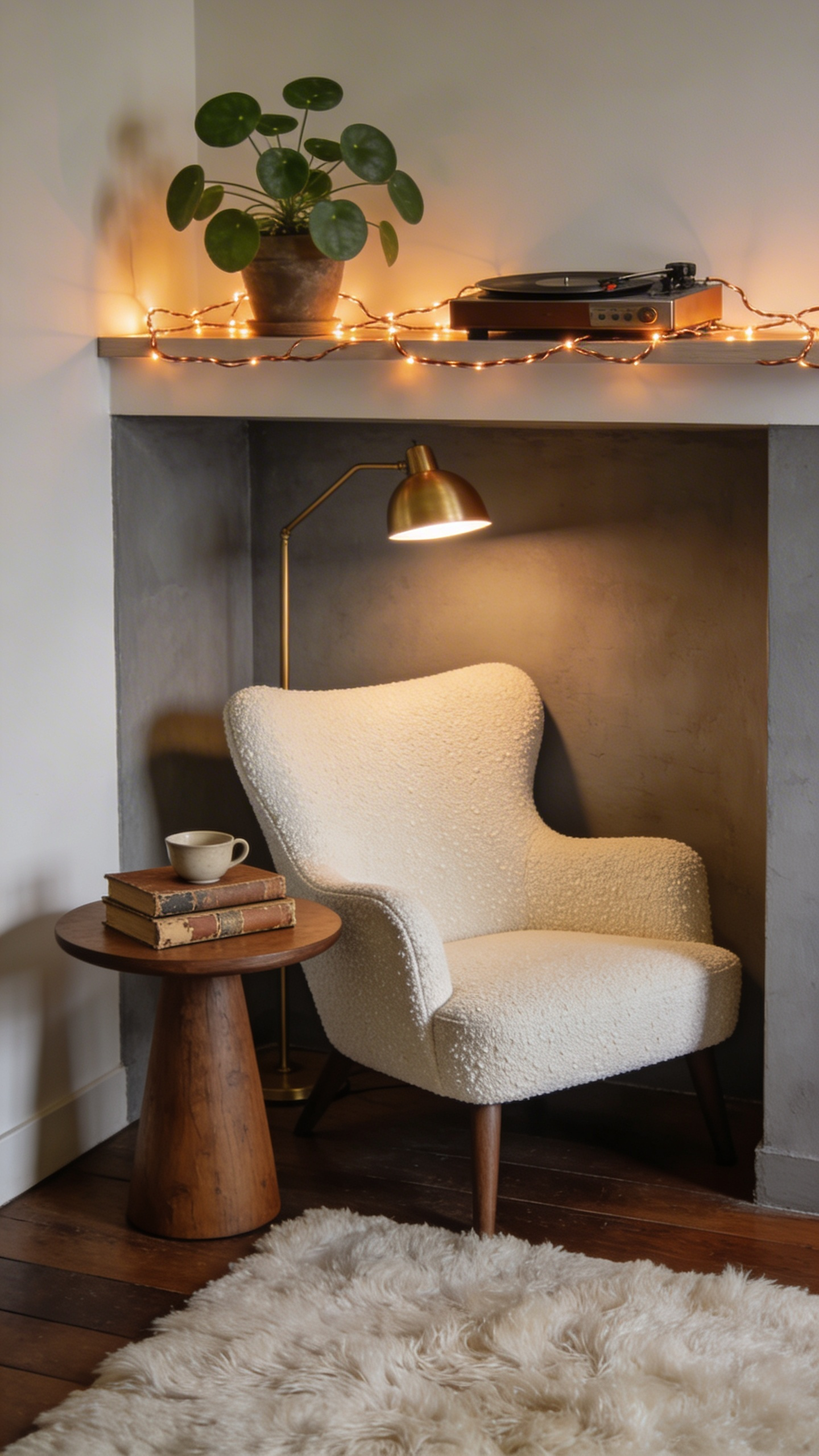 A cozy living room reading nook designed as a micro-sanctuary featuring a cream boucle armchair, warm layered lighting, and a side table holding a cup of tea.