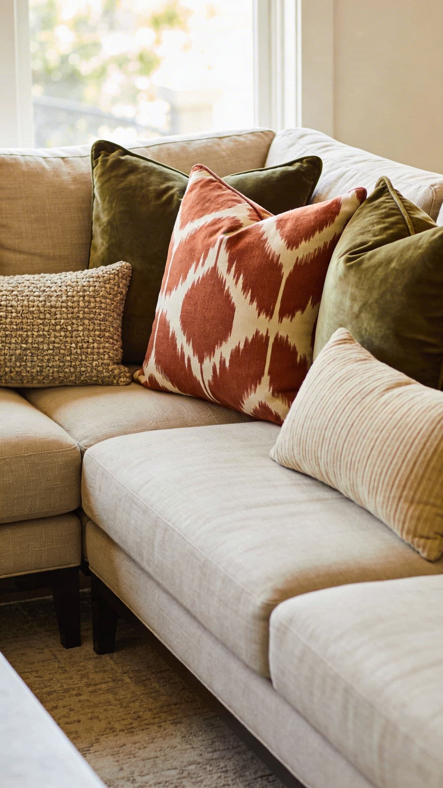 A stylish deep-seated sofa in a modern living room featuring an intentional mix of large-scale patterned, solid velvet, and textured linen throw pillows, illustrating the pillow equation for maximizing comfort and visual interest.