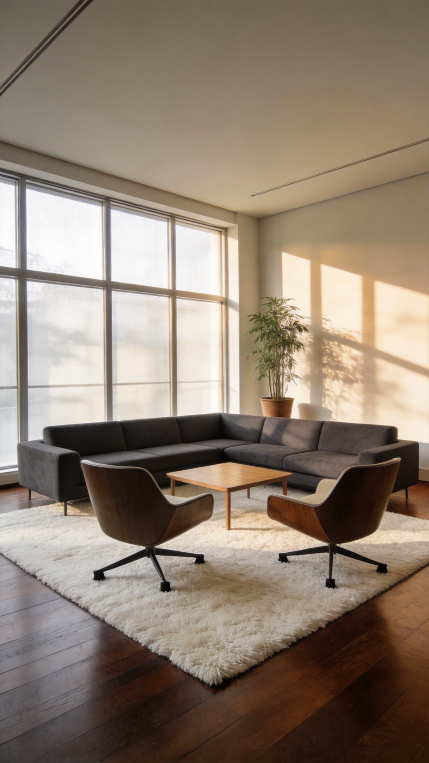 A bright modern living room layout demonstrating the front legs of a sofa and chairs resting on a large area rug to anchor the space.