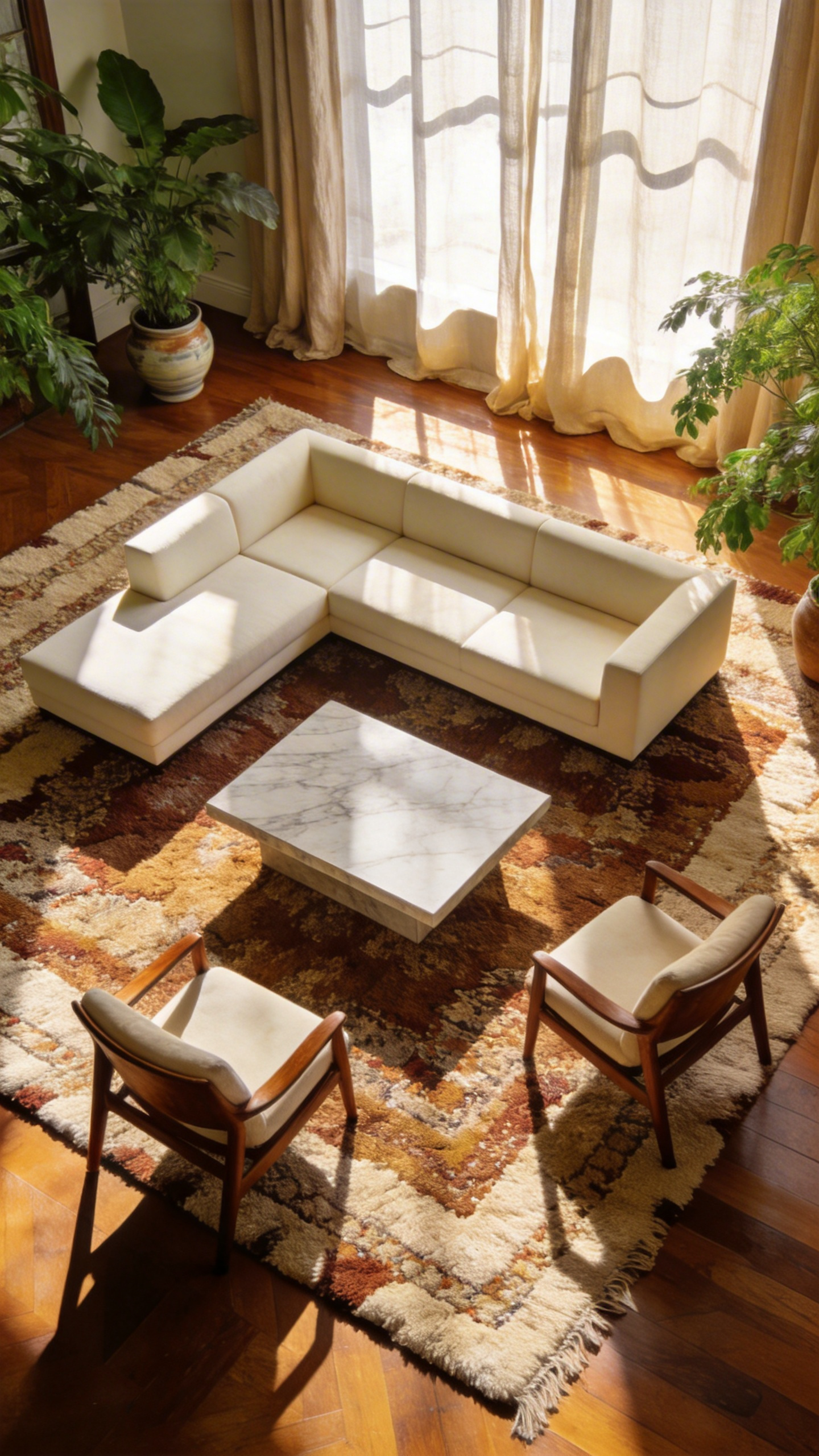 A bright living room with a large patterned rug anchoring a cream sofa and walnut chairs to create a cohesive and grounded interior design.