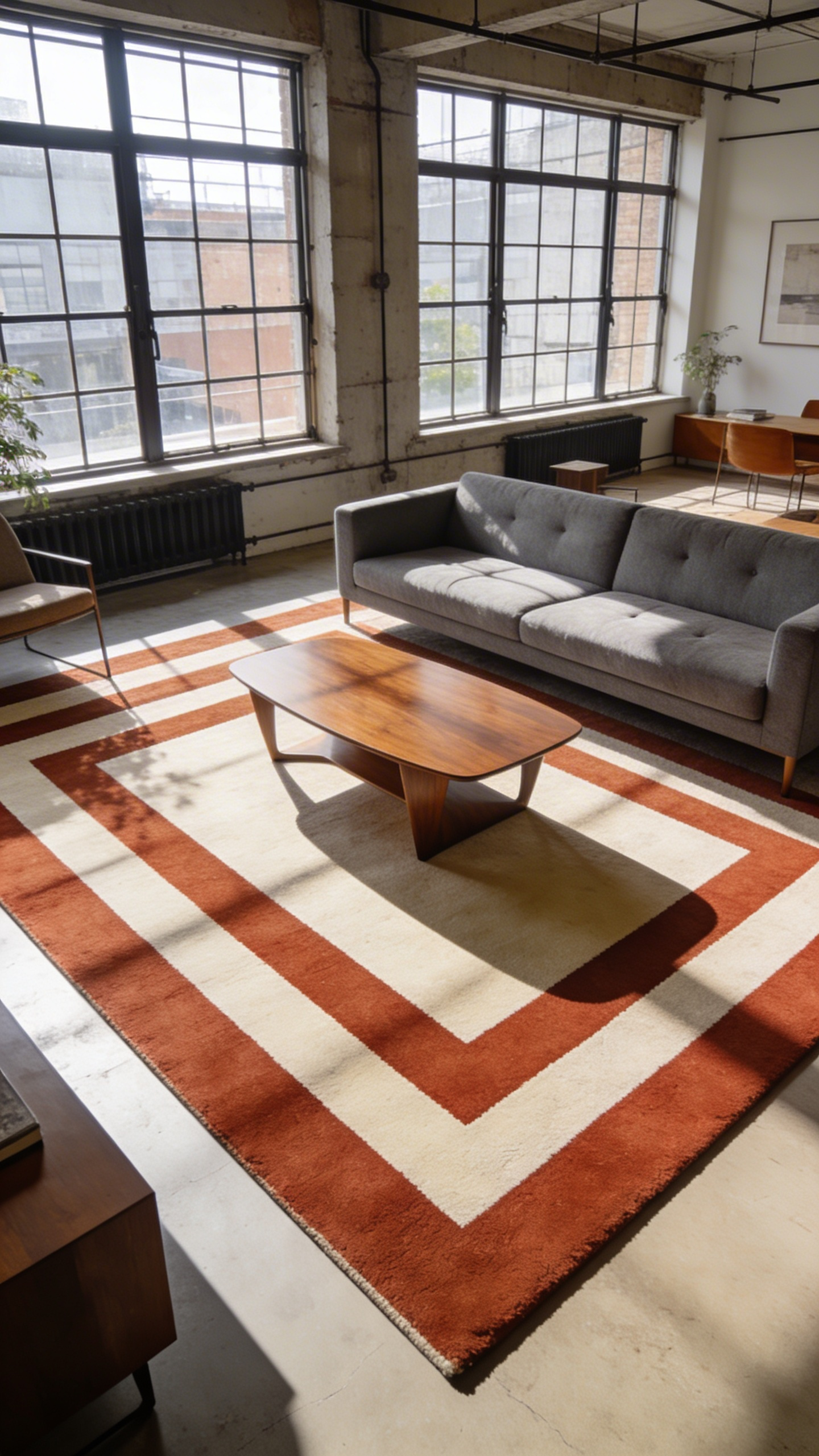 A vibrant living room featuring a geometric patterned rug that serves as a visual anchor for a gray sofa and wooden coffee table.
