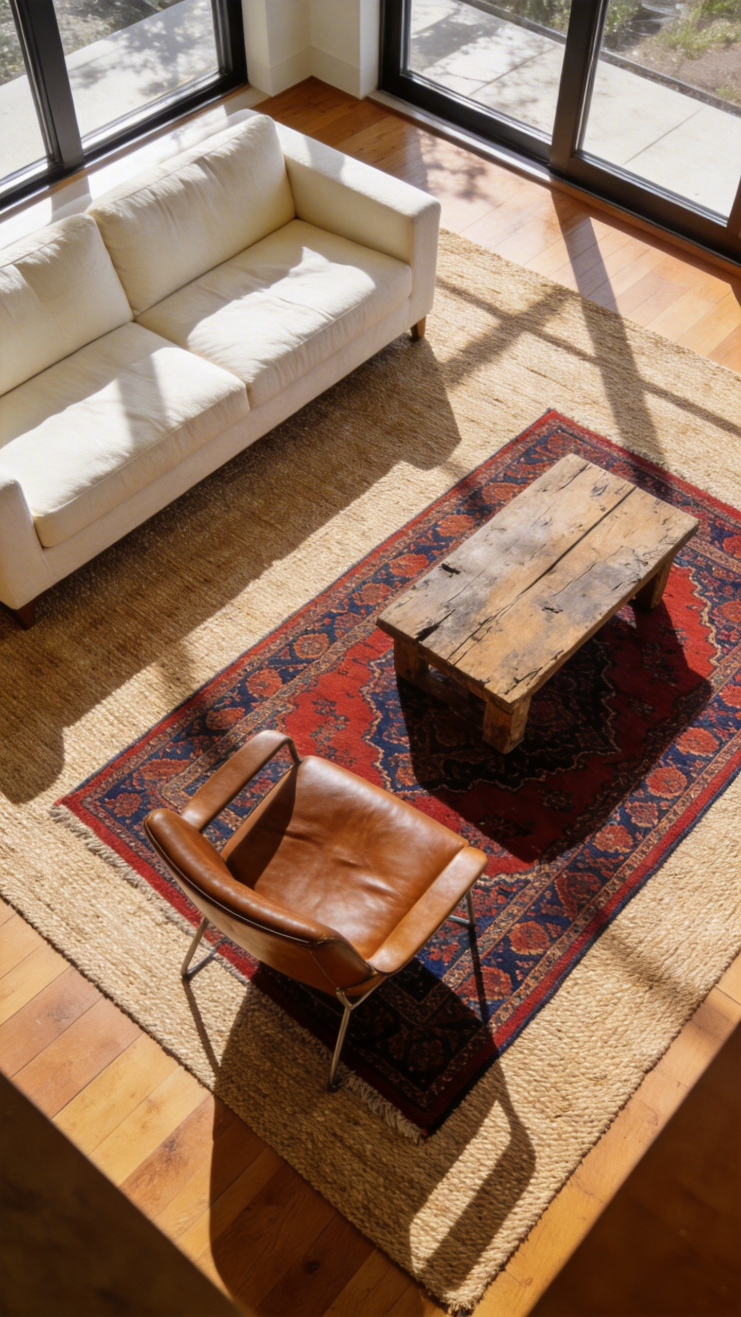 A spacious living room featuring a large natural seagrass rug as a base layer with a smaller colorful vintage rug on top under a sofa and coffee table.
