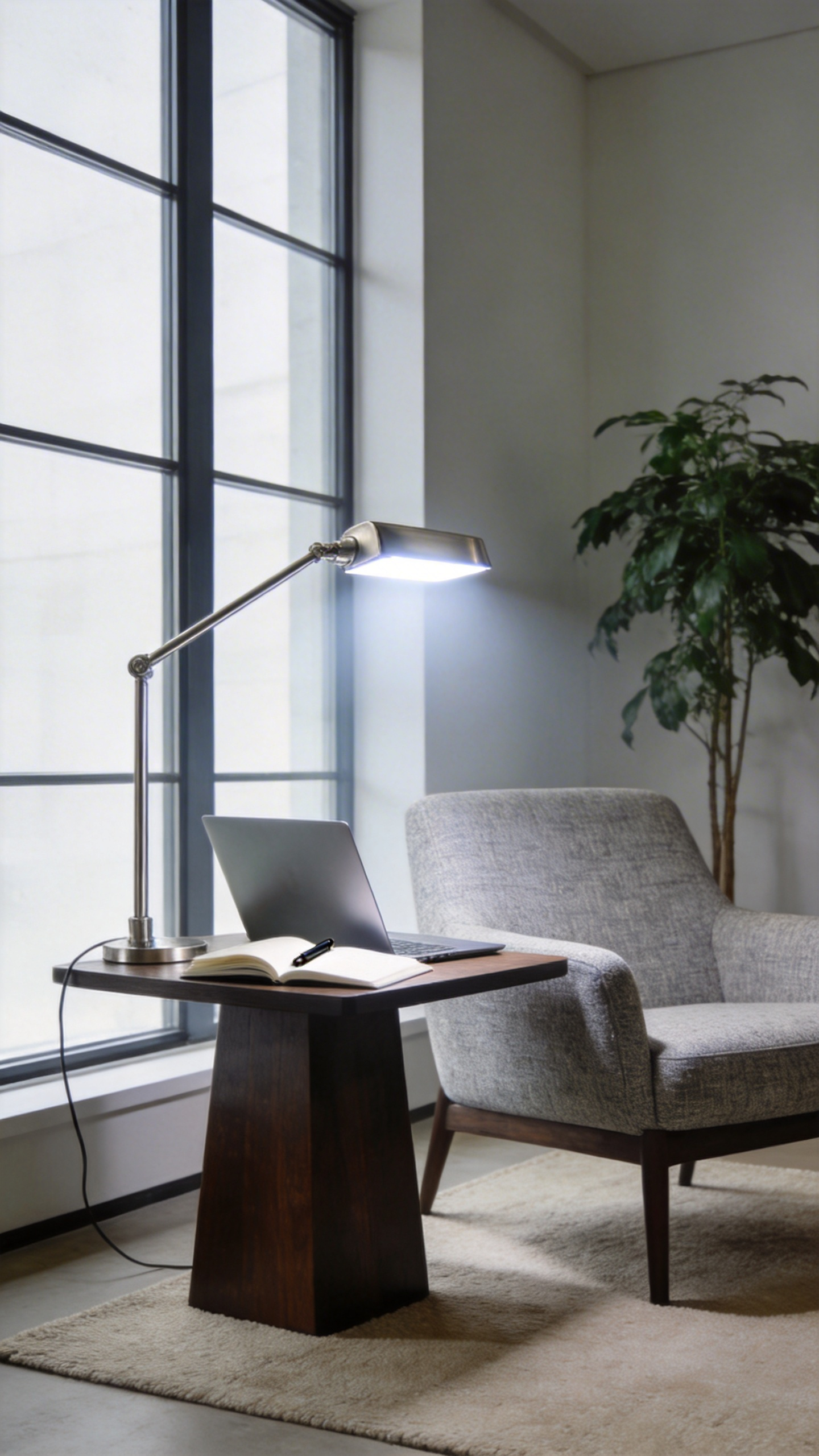 A modern living room setup optimized for productivity featuring a task lamp emitting cool white light (3800K) illuminating a workspace next to a comfortable gray armchair.