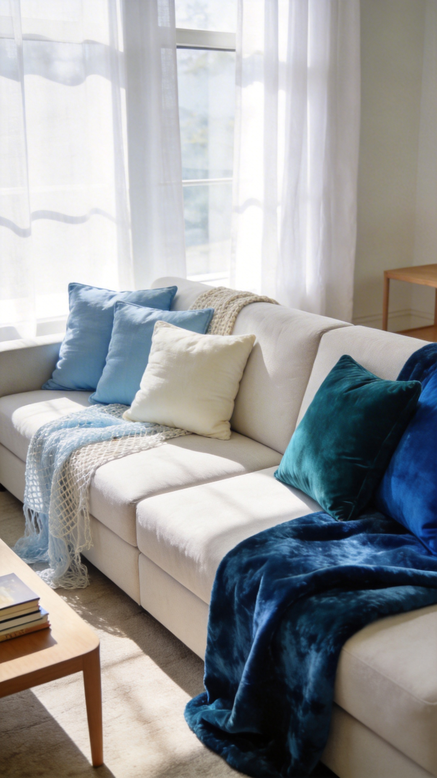 A modern living room featuring a neutral sofa styled on one end with breezy linen pillows and on the other end with plush velvet pillows to illustrate seasonal textile swapping.