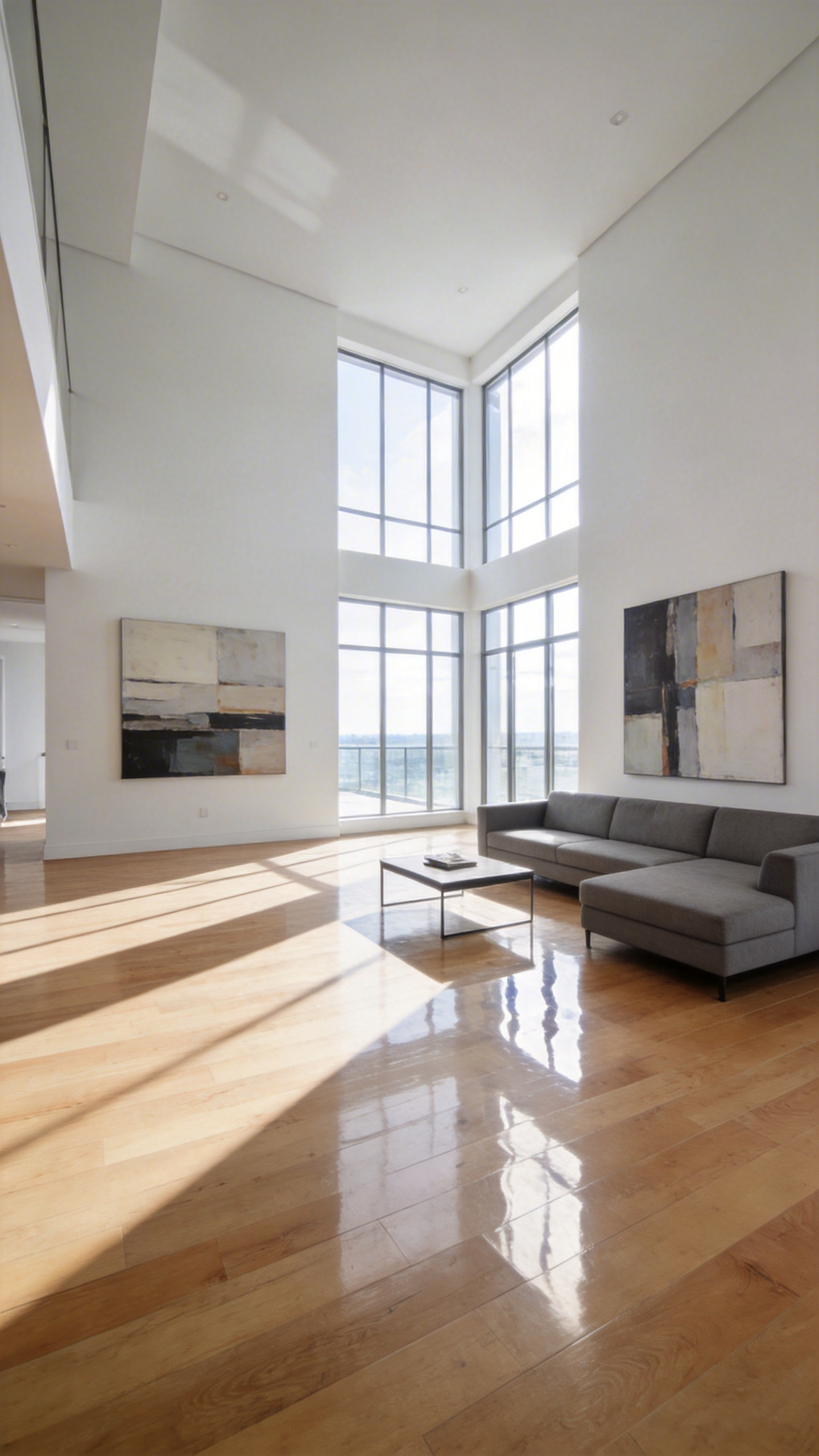 A minimalist modern living room with hardwood floors, a gray sectional sofa, and no area rug, illustrating a space that feels empty and echoing.