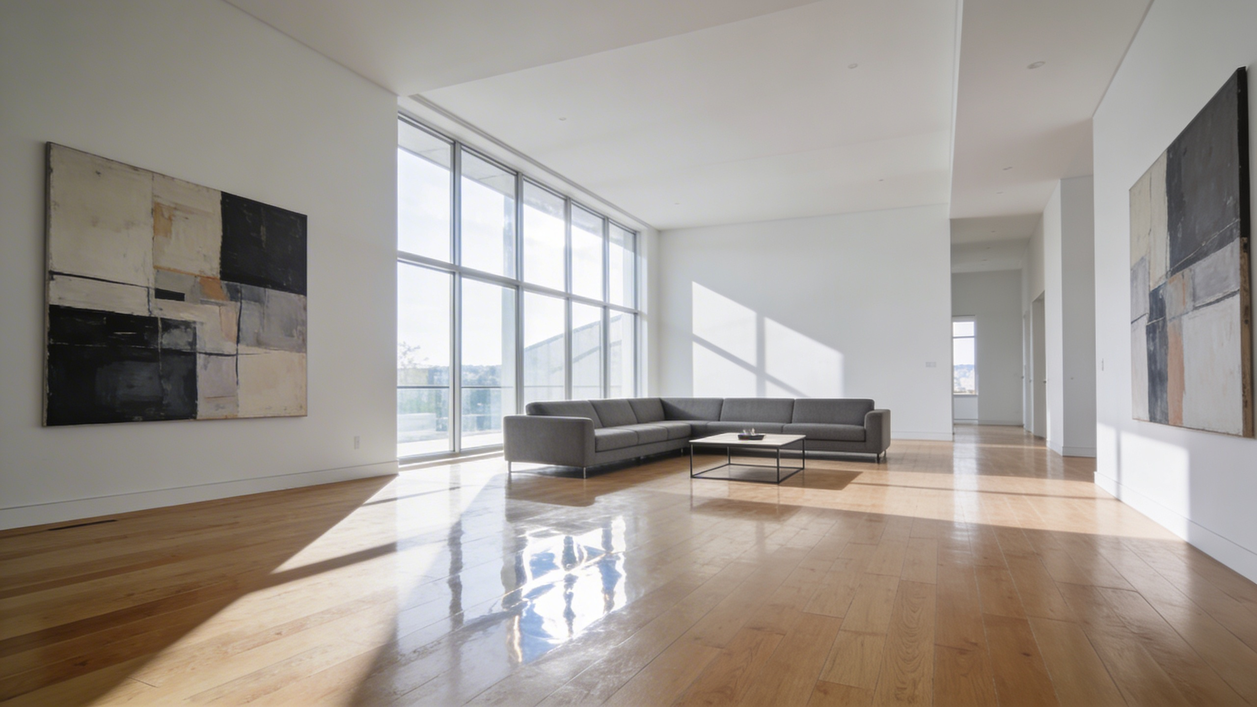 A minimalist modern living room with hardwood floors, a gray sectional sofa, and no area rug, illustrating a space that feels empty and echoing.