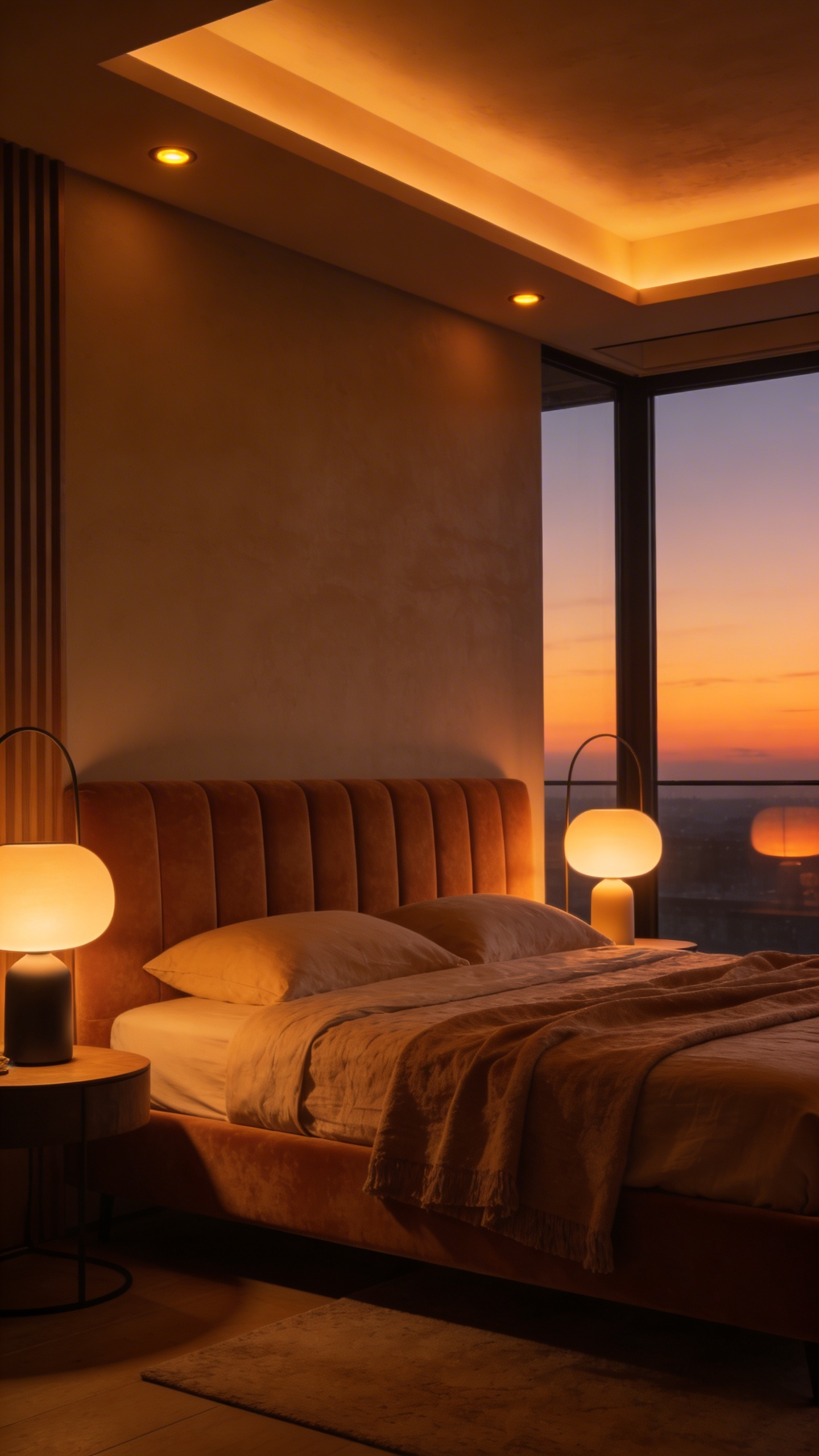 A luxury master bedroom with warm-dim lighting creating a golden amber atmosphere for circadian rhythm support.