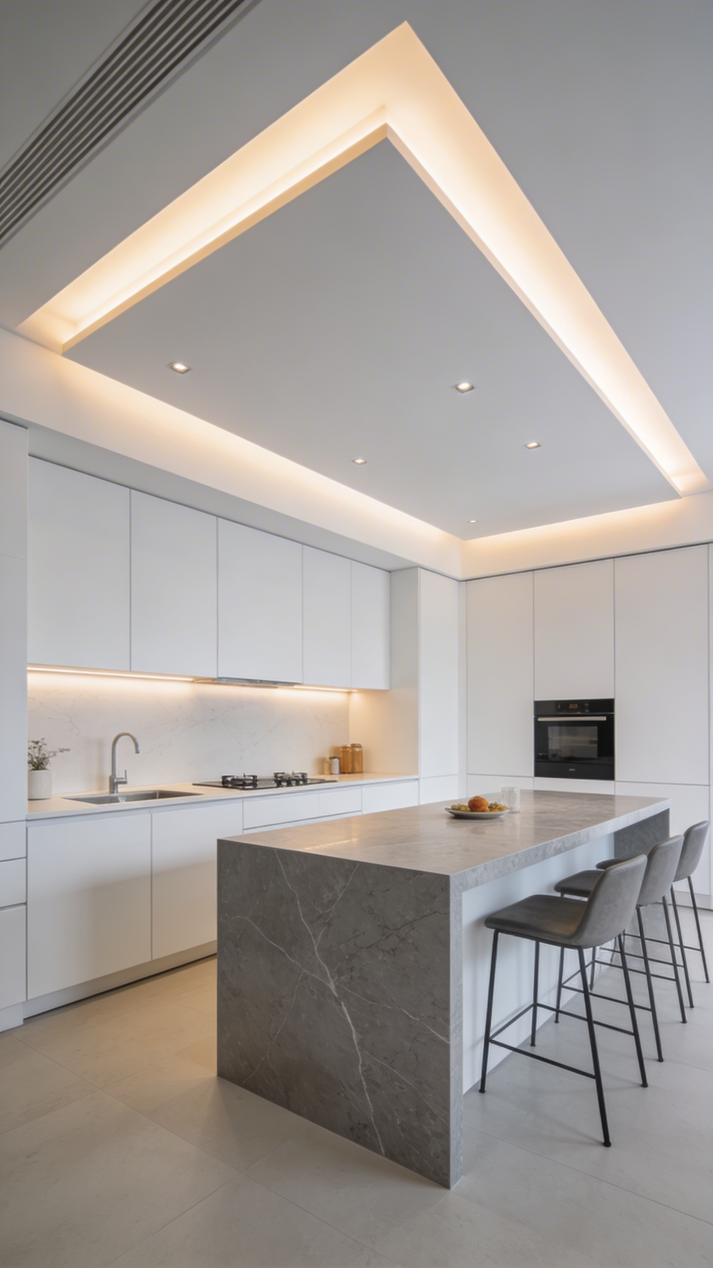 A sleek modern kitchen with trimless recessed lighting on a smooth white ceiling and minimalist marble island.