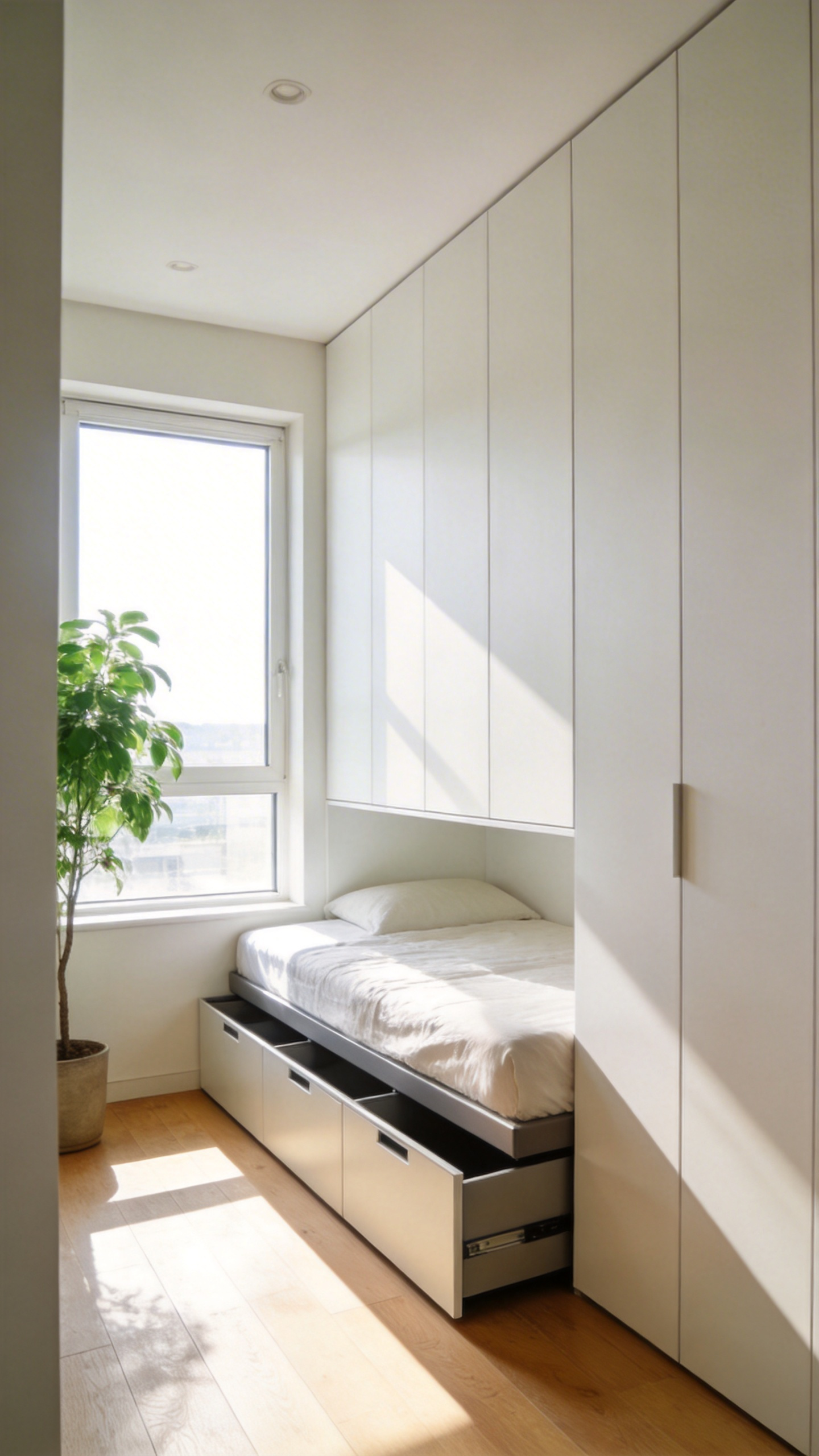 A minimalist small bedroom with integrated under-bed storage and built-in cabinets to minimize visual noise.