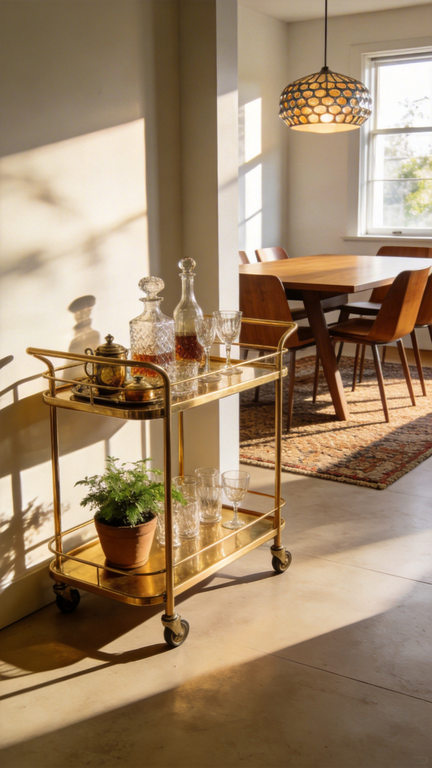 A stylish gold mid-century modern bar cart stocked with crystal glassware and spirits, positioned as a room divider in a bright, contemporary dining room.