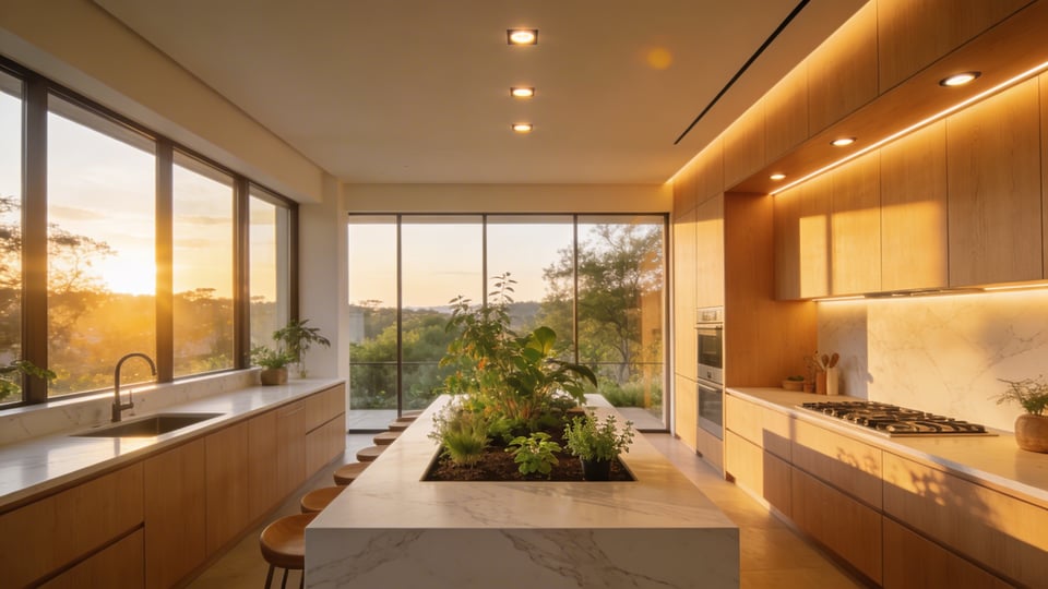 A bright modern kitchen featuring large windows and warm integrated LED lighting designed to support circadian rhythms and biophilic wellness.