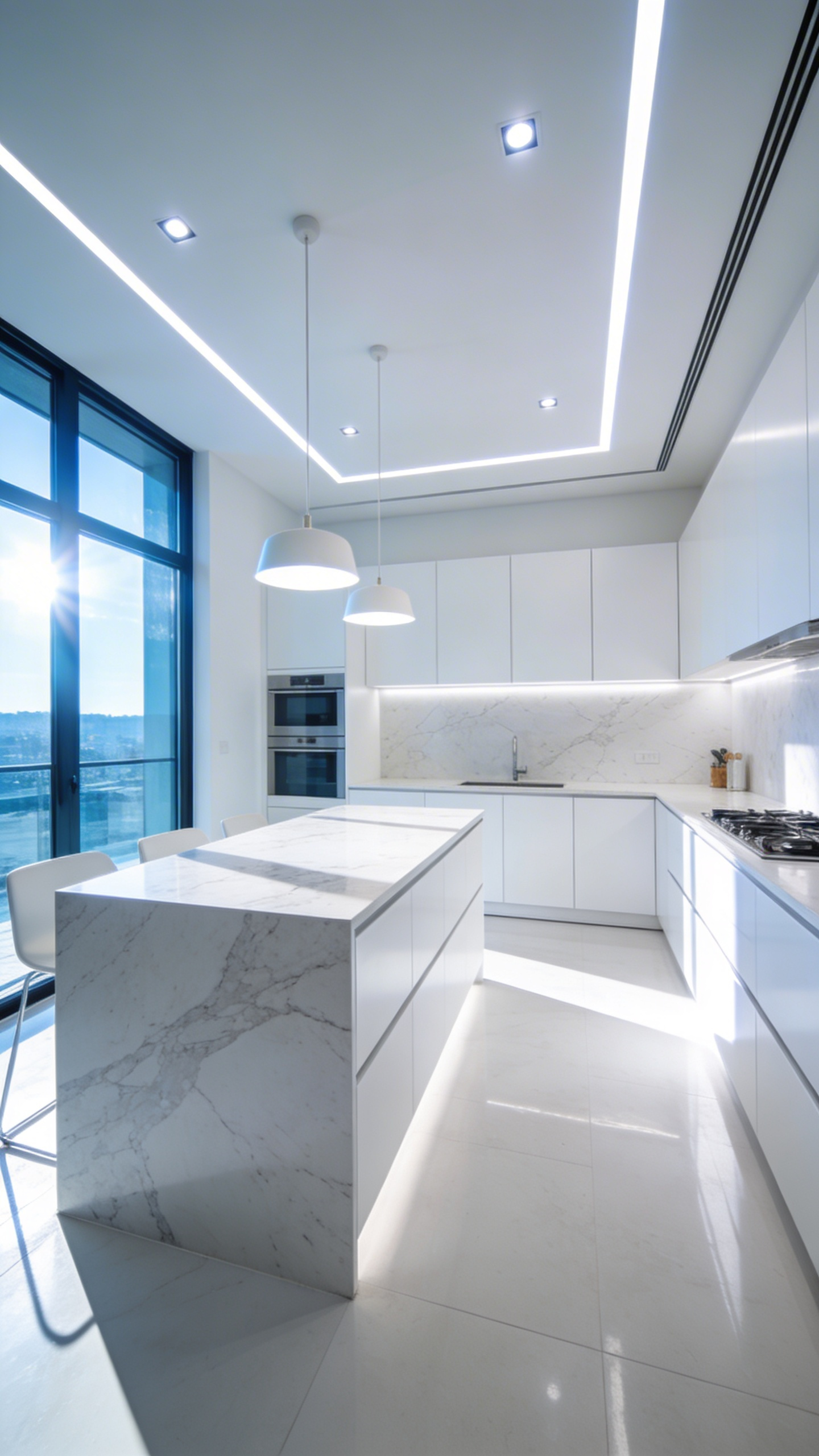 A modern kitchen with large windows and bright 5000K cool white lighting to simulate morning daylight and boost energy.
