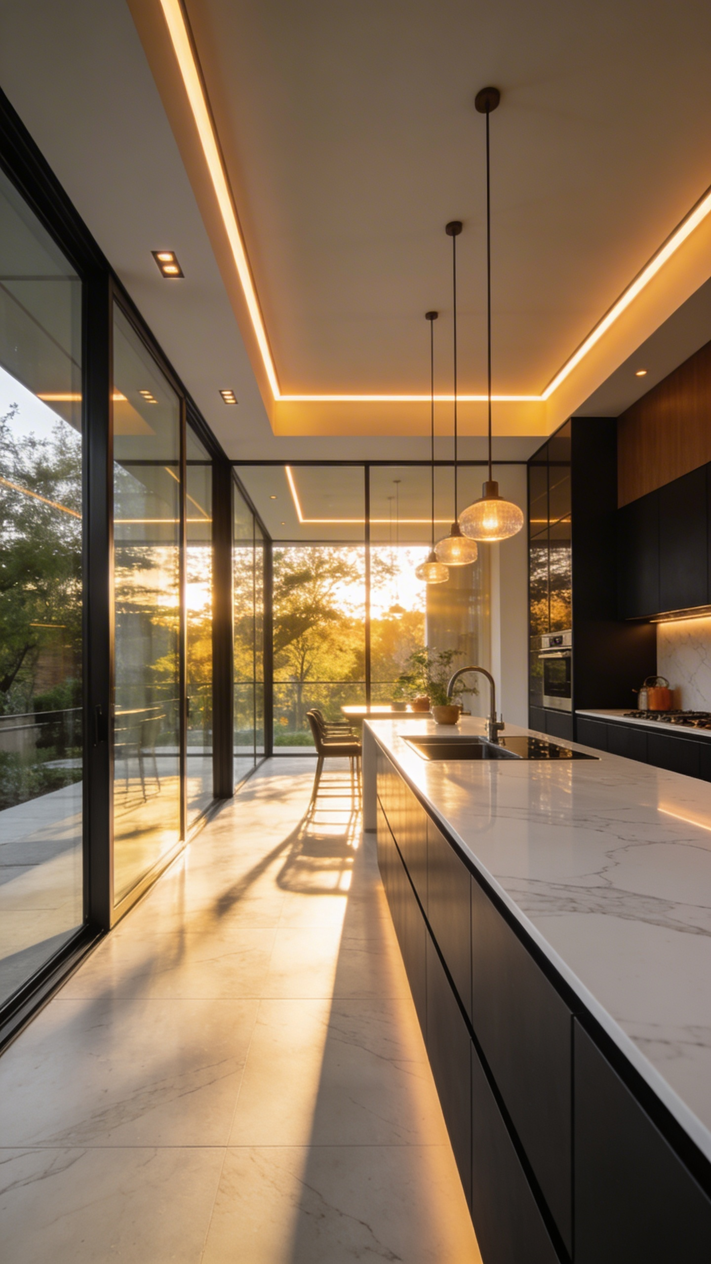 A high-end modern kitchen with floor-to-ceiling windows showing the seamless blend of natural golden hour sunlight and warm artificial LED lighting.