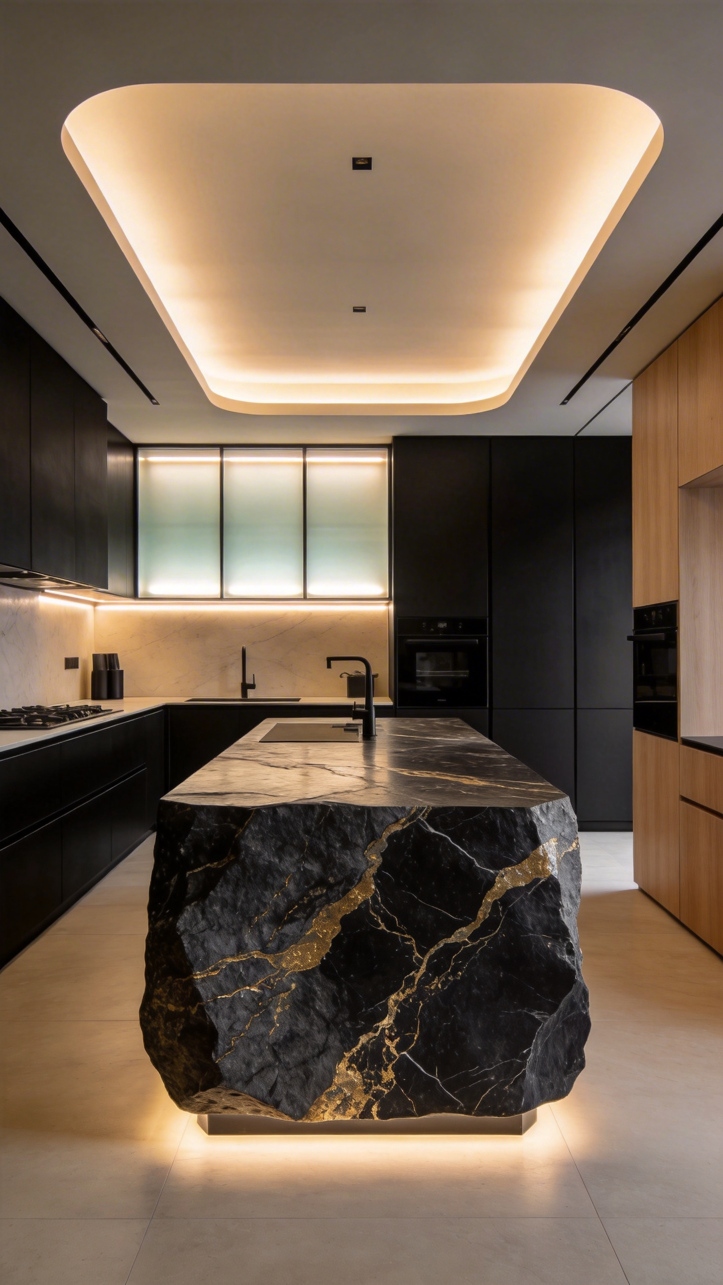 A modern kitchen featuring a natural stone island with organic veining illuminated by soft indirect LED lighting to prevent glare.
