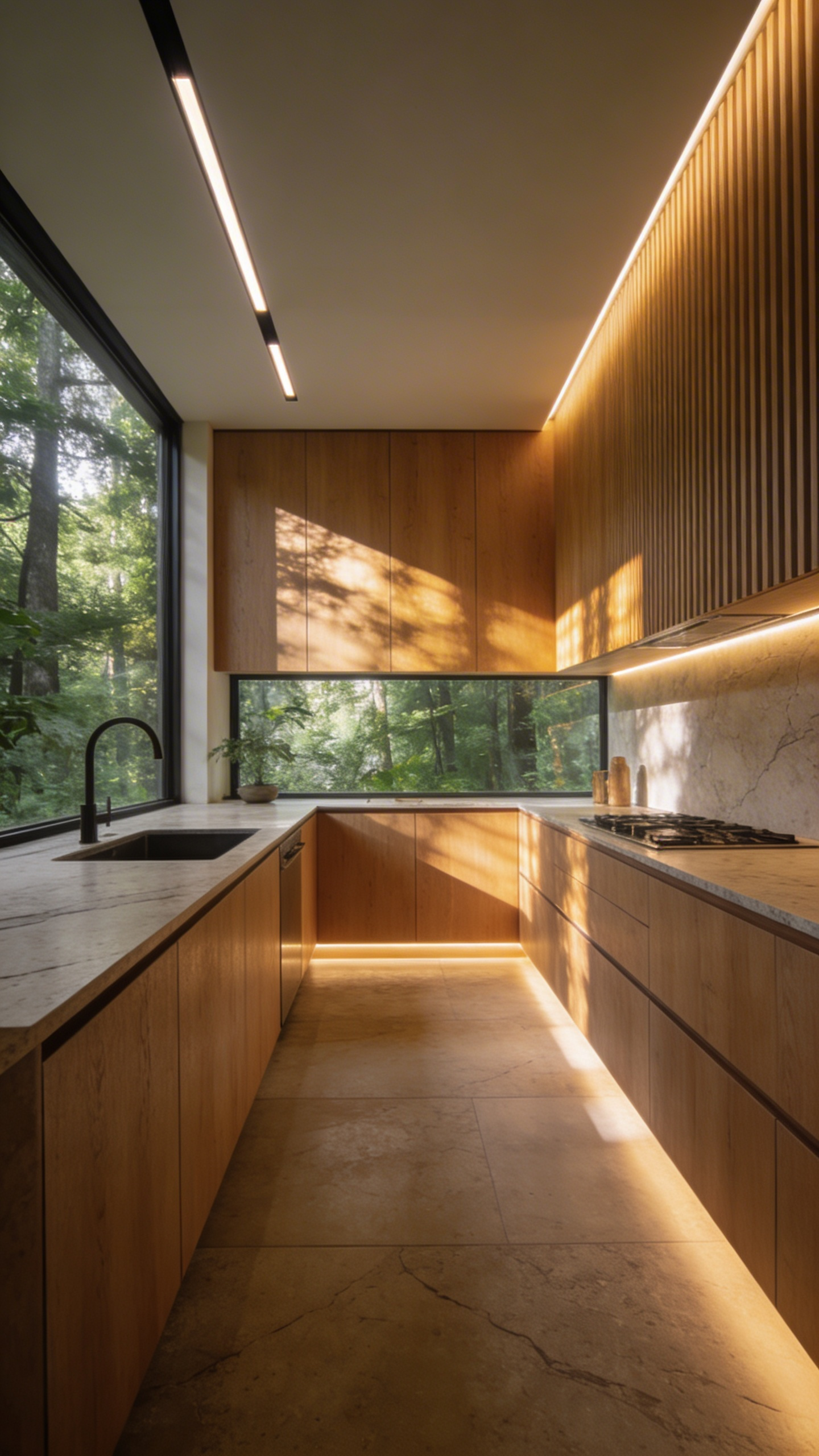 A modern kitchen with natural wood cabinets and warm indirect lighting that creates a soft biophilic environment.