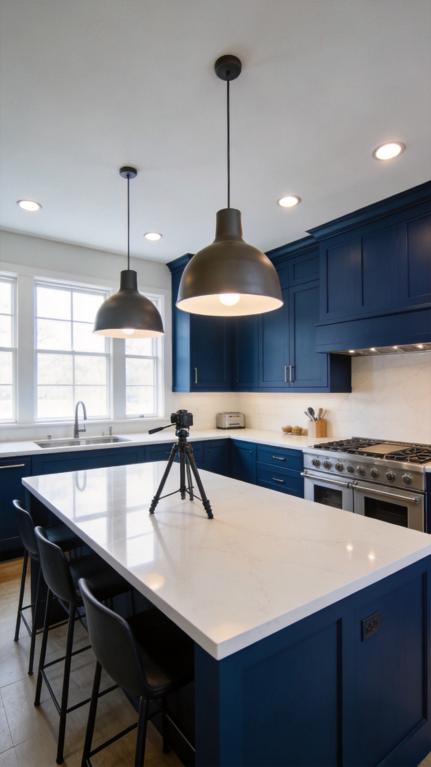 Modern kitchen interior with matte cabinets and glossy countertops illuminated by glare-free lighting fixtures.